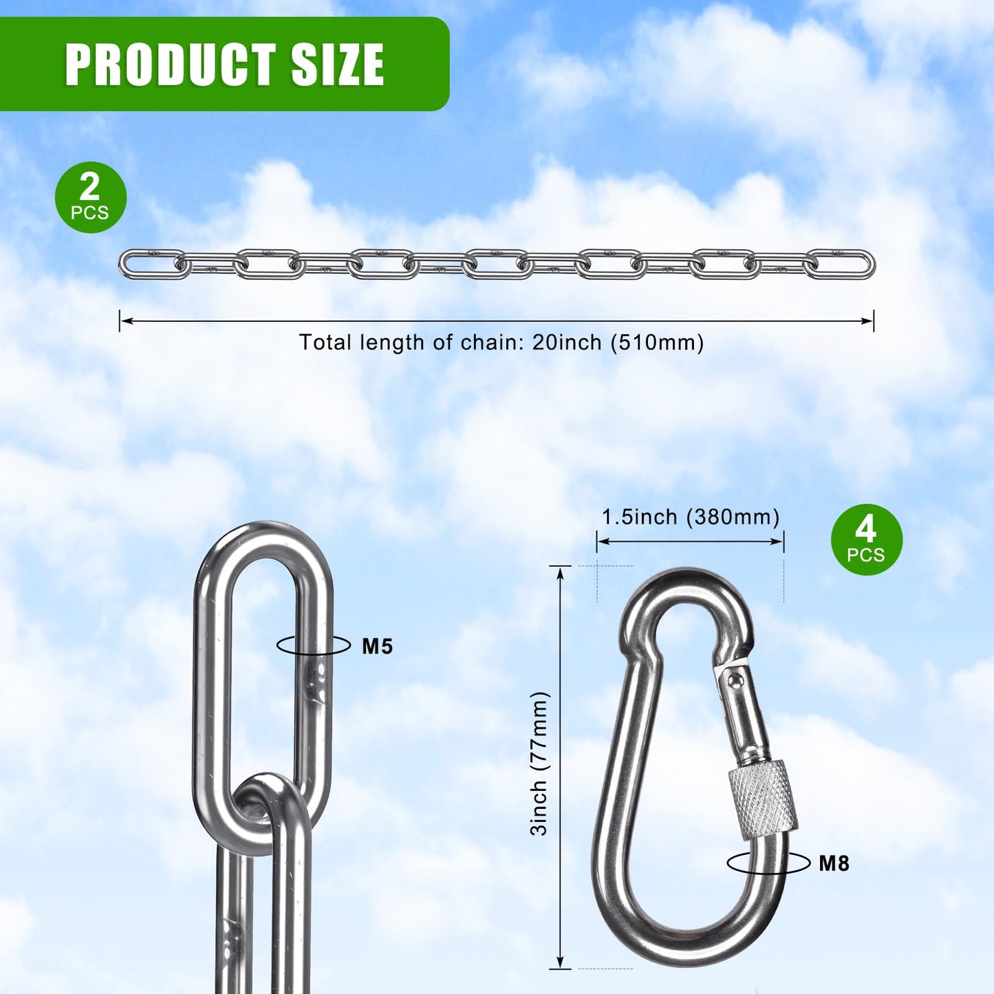 SELEWARE 2-Pack Heavy Duty Stainless Steel Punching Bag Chain, 1000LB Heavy Bag Hanging Chain with Carabiners, 20" Extension Chain for Boxing Bags, Hammocks, Swings, Yoga Trapeze & Hanging Chairs