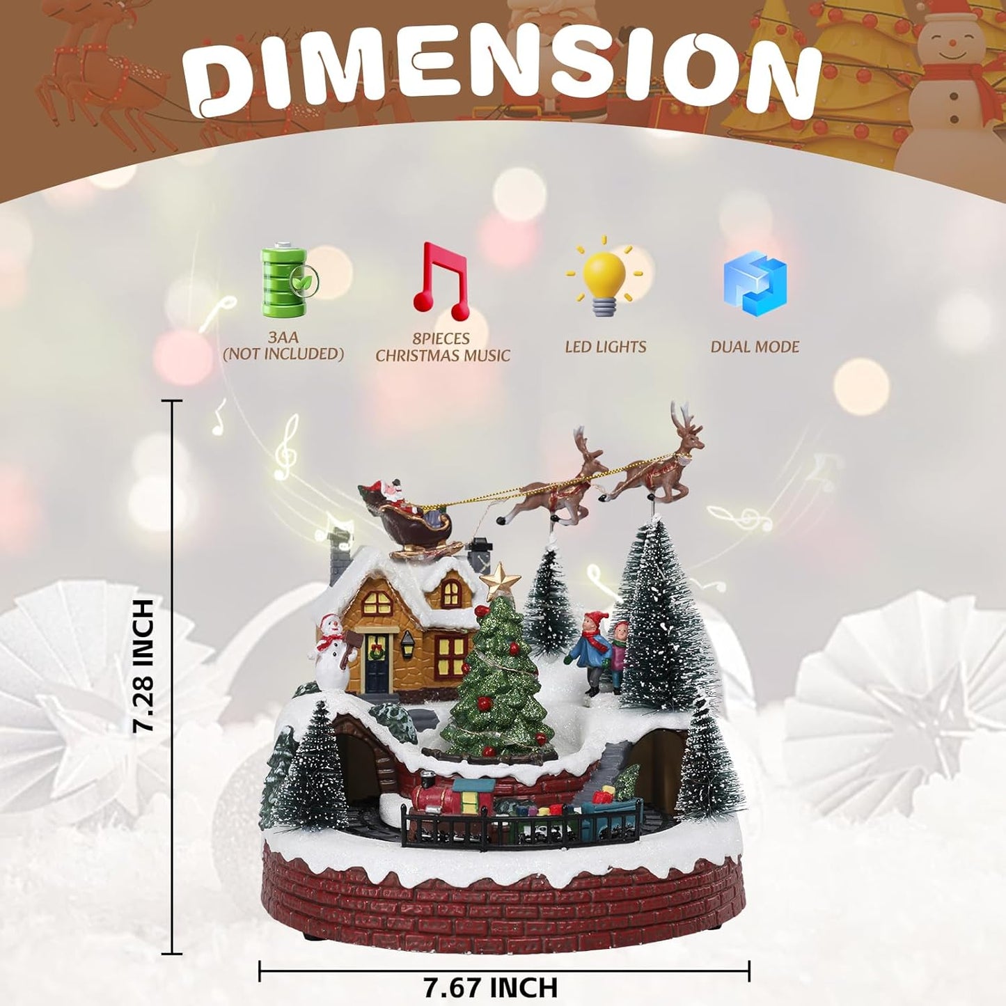 Vipush Christmas Village House Decorations - Resin Train Set with LED Lights & 8 Holiday Songs | Flying Santa Figurines