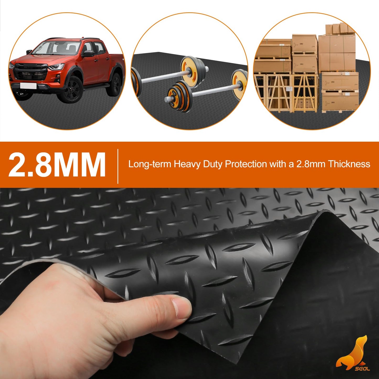 SEAL 5 x 20 FT Premium Garage Floor Mat, Solid 2.8mm Thick Lay-Flat Black Commercial Grade Heavy Duty Parking Mat for Golf Cart, Workbench, ATV, Water/Stain Resistant Runner (Embossed Diamond Plate)
