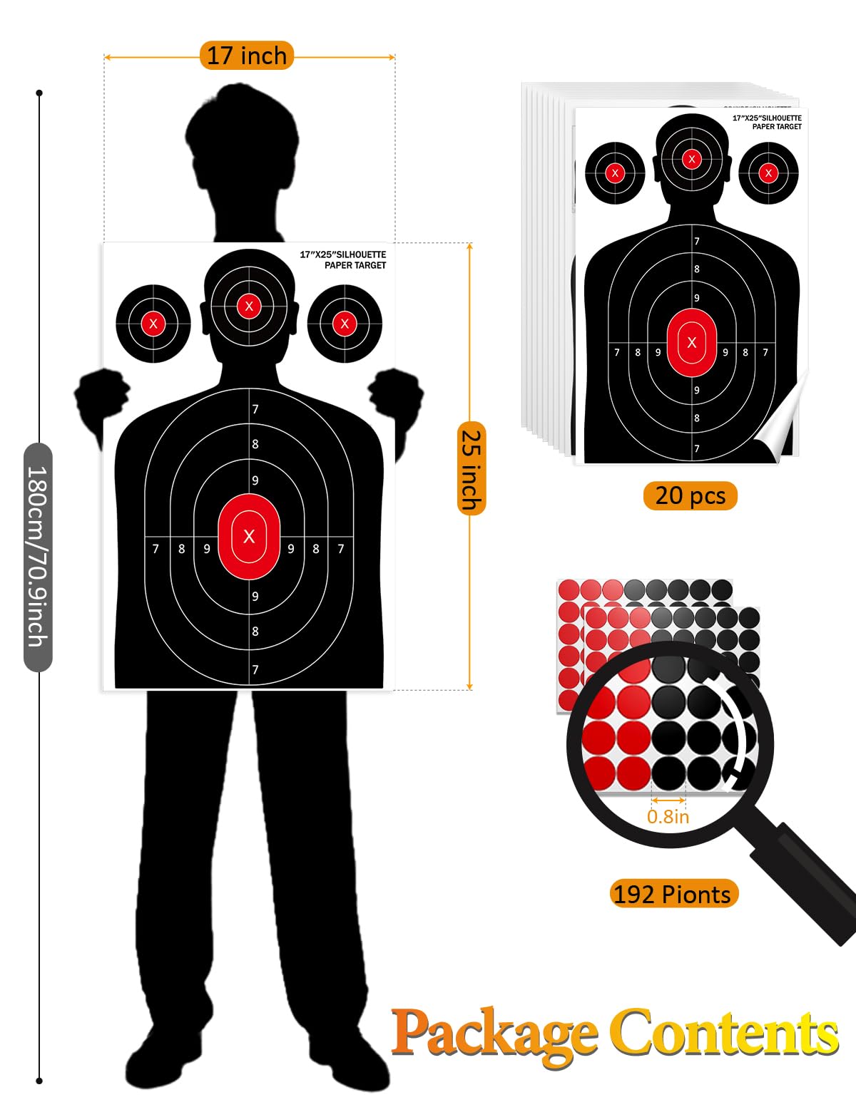 LAKINGO Shooting Targets for Range Practice - 17x25 Inch Silhouette Paper Targets with Stickers, Indoor/Outdoor Use for Pistol, Rifle, Airgun, Pellet Gun, BB Guns