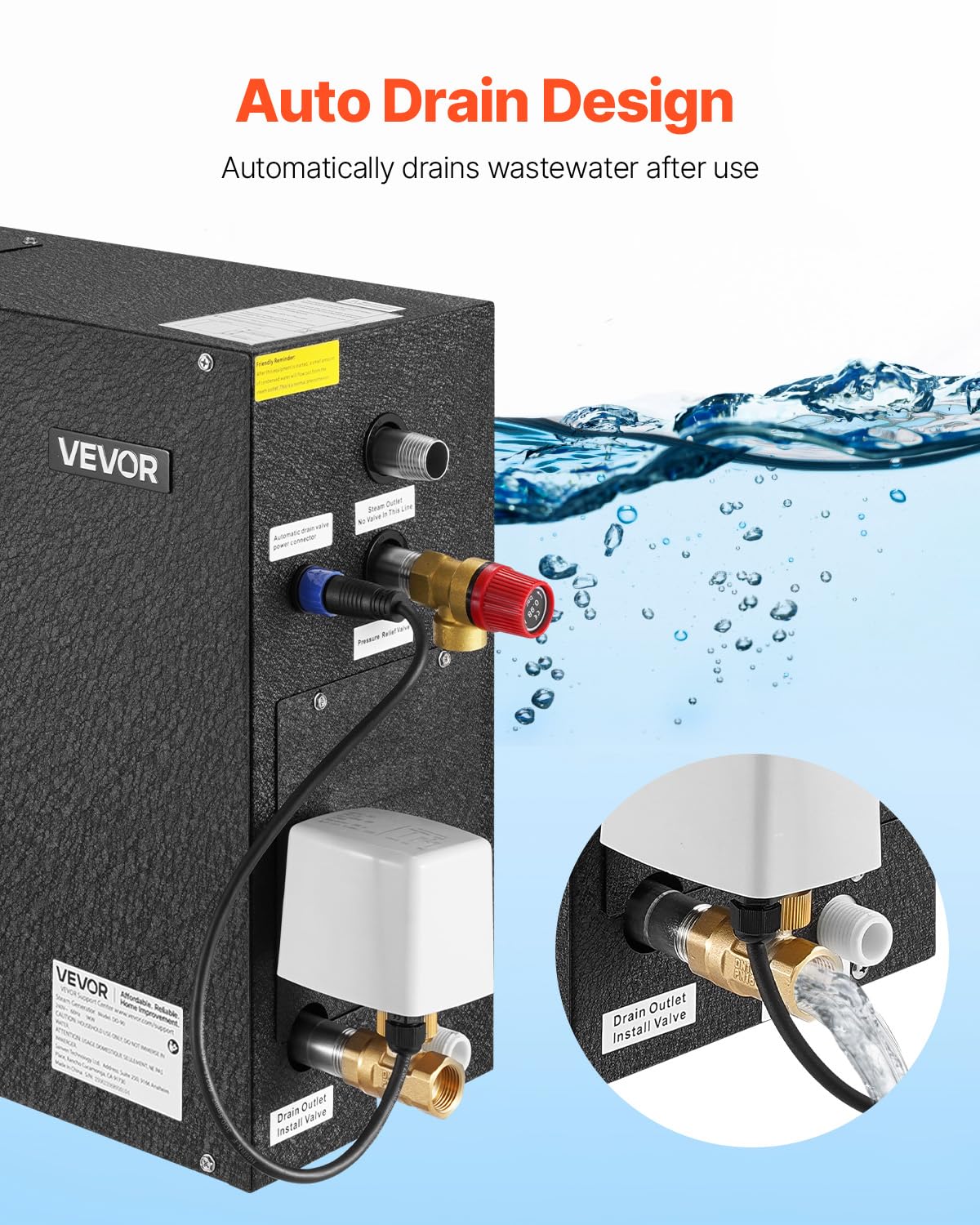 VEVOR Steam Generator, 9 kW Steam Shower System with Controller for Home Sauna & Spa, Commercial Auto Drain Kit with Overheat, Dry-Run & Overpressure Protection, 10min to 24h Timer, Black