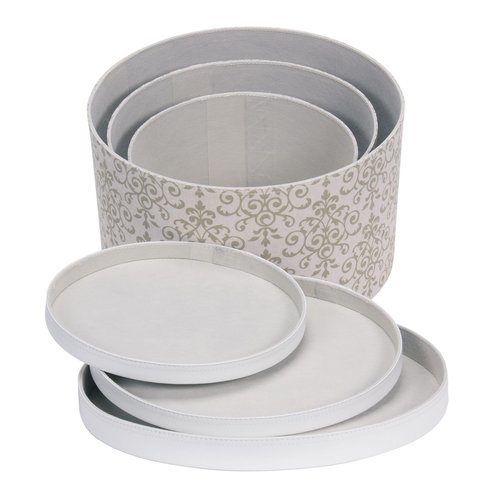 Household Essentials Round Hat Boxes with Lids, Vibrant Scallop Print with Faux Leather Lids, Poly-Cotton and Non-Woven PP Liner, Large, Medium and Small, Stackable and Nestable, Olive and Cream