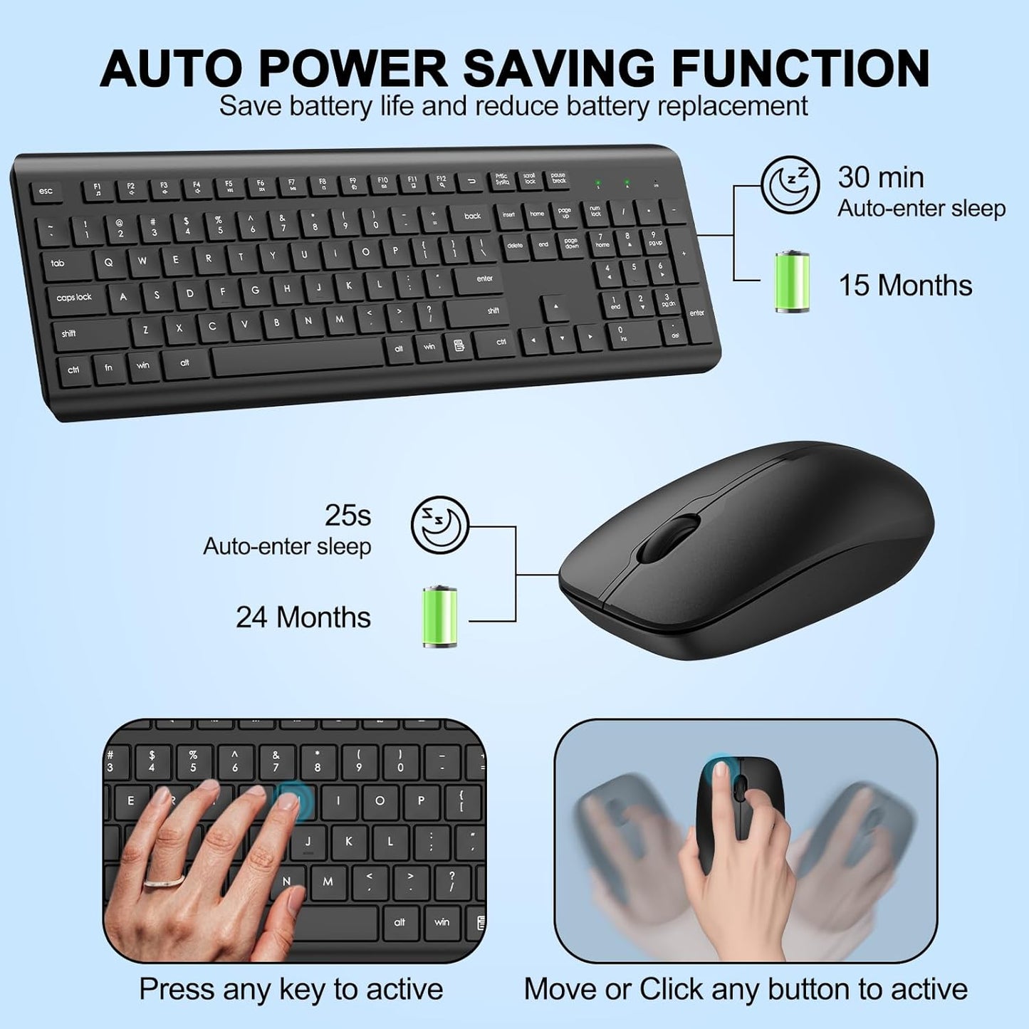 EDJO 2.4G Wireless Keyboard and Mouse Combo, Full Size Silent Ergonomic Keyboard and Mouse, Long Battery Life, Optical
