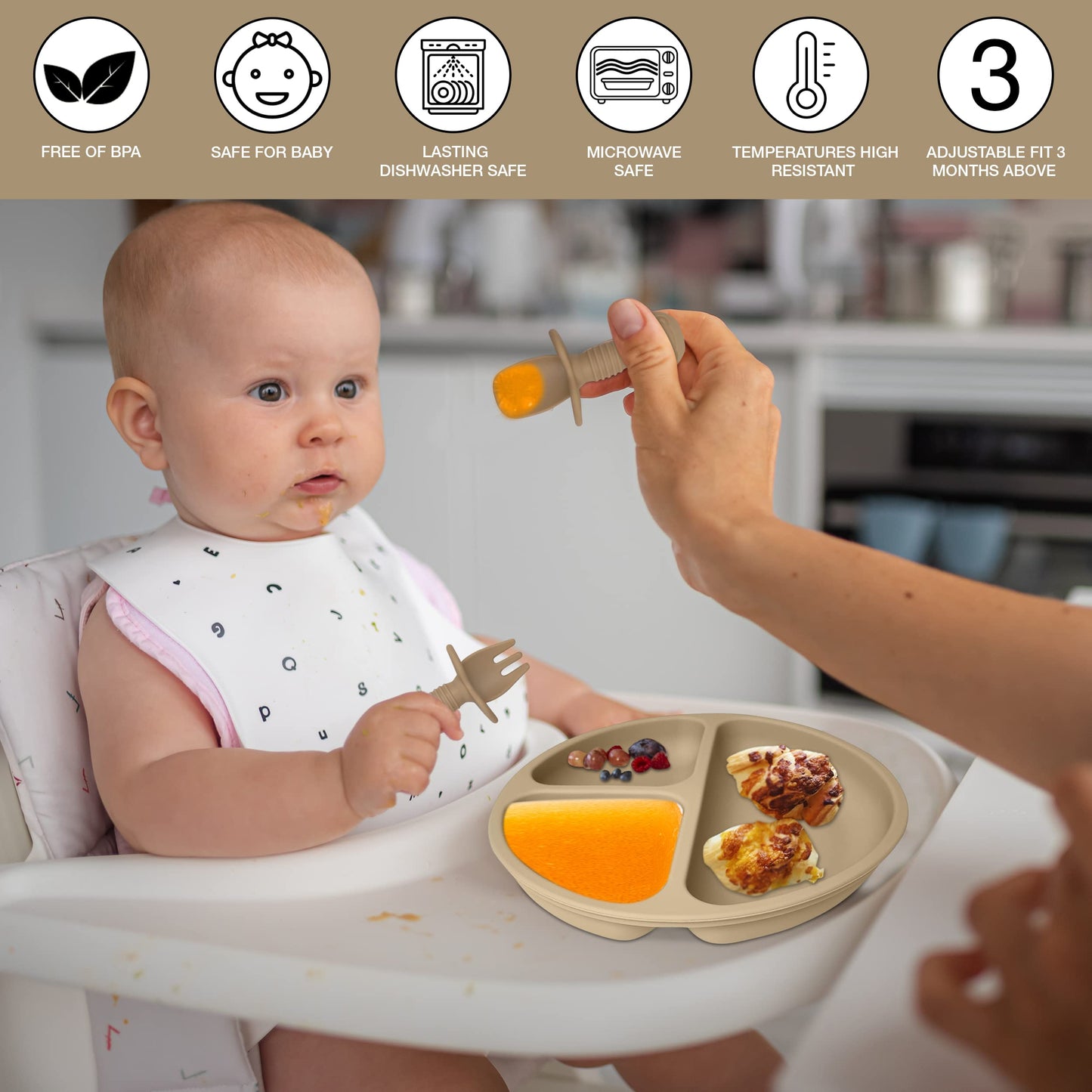 Mutualproducts - Baby Feeding Set 10-Piece | Baby Led Weaning Utensils Set Includes Suction Bowl and Plate, Baby Spoon and Fork, Sippy Cup, Straw, Lid & 2Bibs | Baby Feeding Supplies (B-Beige)
