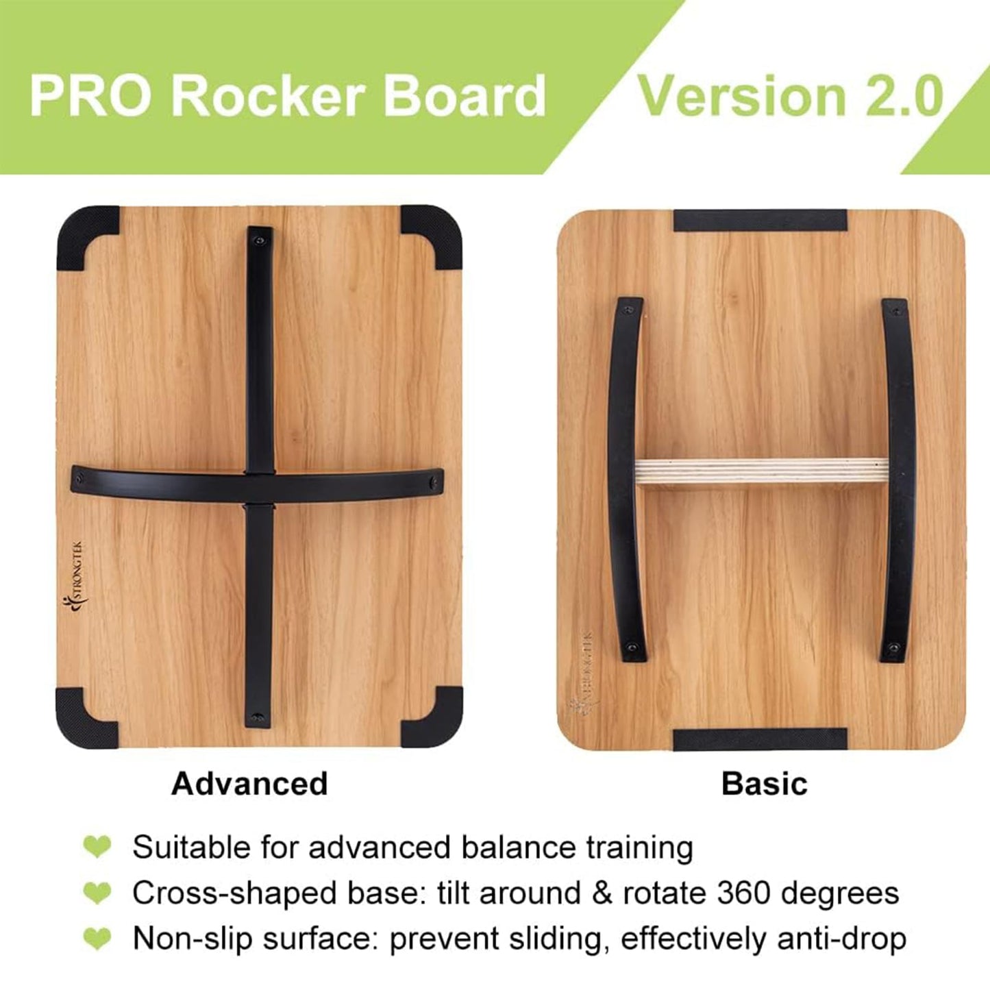 StrongTek Professional Wooden Balance Board with Crossed Hardwood Base, Advanced Rocker Board for Core Strength, Stability Training, Difficult Balancing Board, Support 360° Rotation