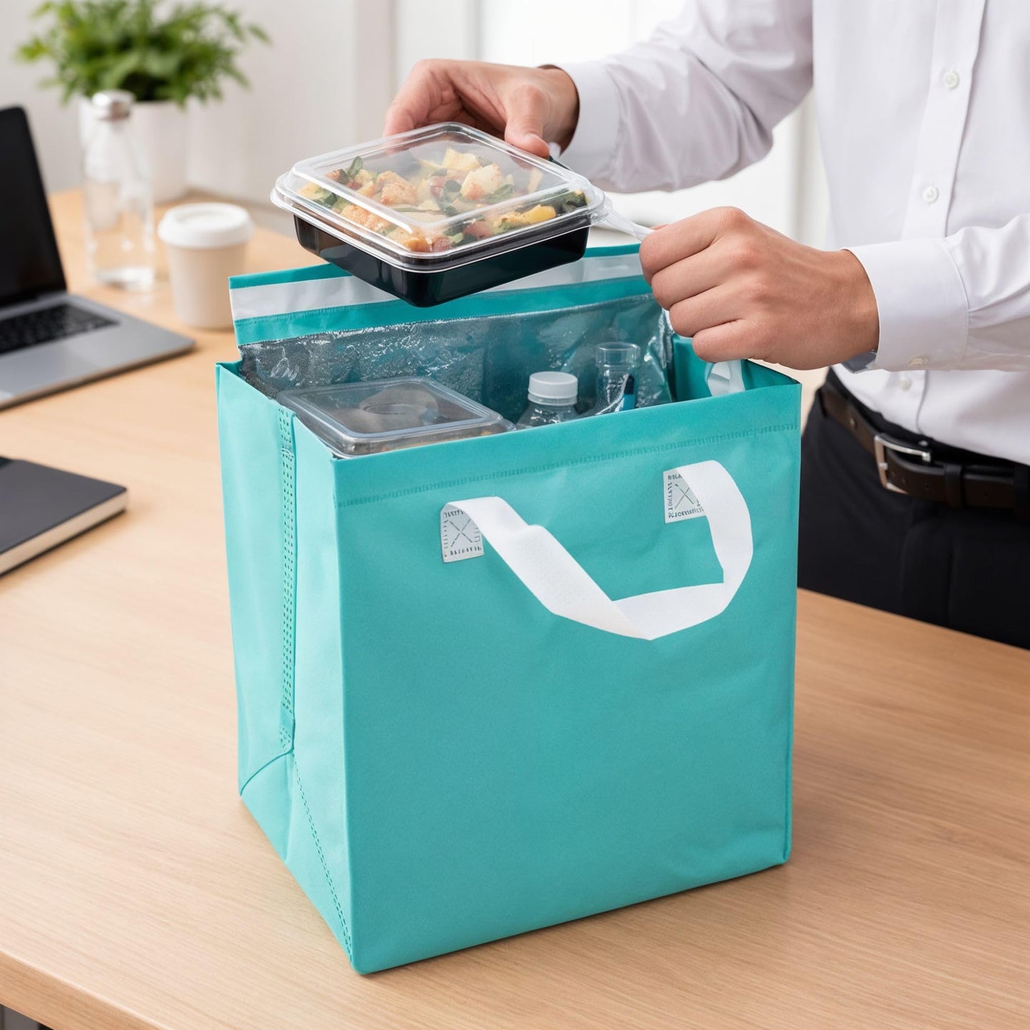 Restaurantware Insulated Delivery Bags 100 Count 9.449 x 5.906 x 10.236 Inches Nonwoven Take Out Bags For Food With Sturdy Handles, Teal Insulated Grocery Bags Tamper-Evident Foldable