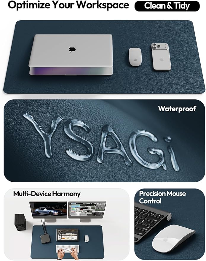 YSAGi Leather Desk Pad Protector, Office Desk Mat, Large Mouse Pad, Non-Slip PU Leather Desk Blotter, Laptop Desk Pad, Waterproof Desk Writing Pad for Office and Home (Dark Blue,55" x 24")