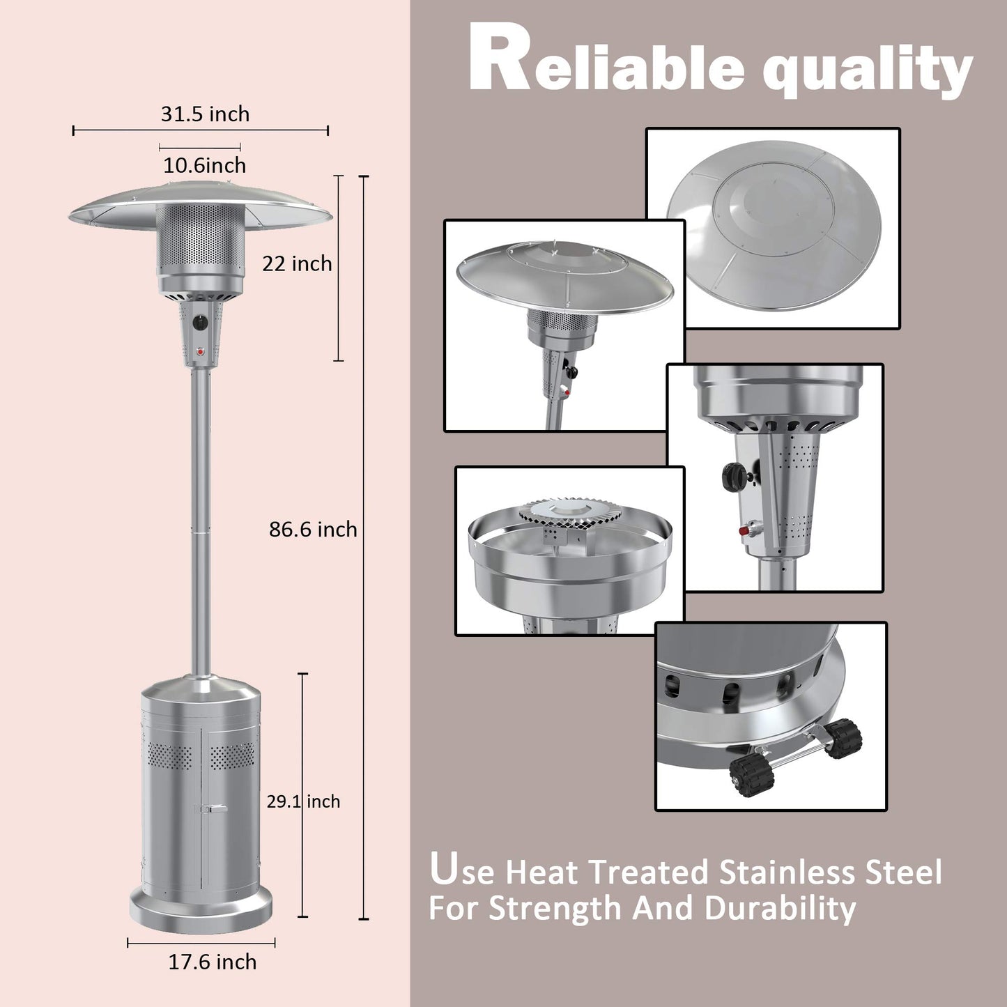 Gas Patio Heater with Wheels And Cover，48,000 BTU of Outdoor Portable LP Propane Commercial Heater ，automatically shuts off gas flow,with CSA Certified for Garden