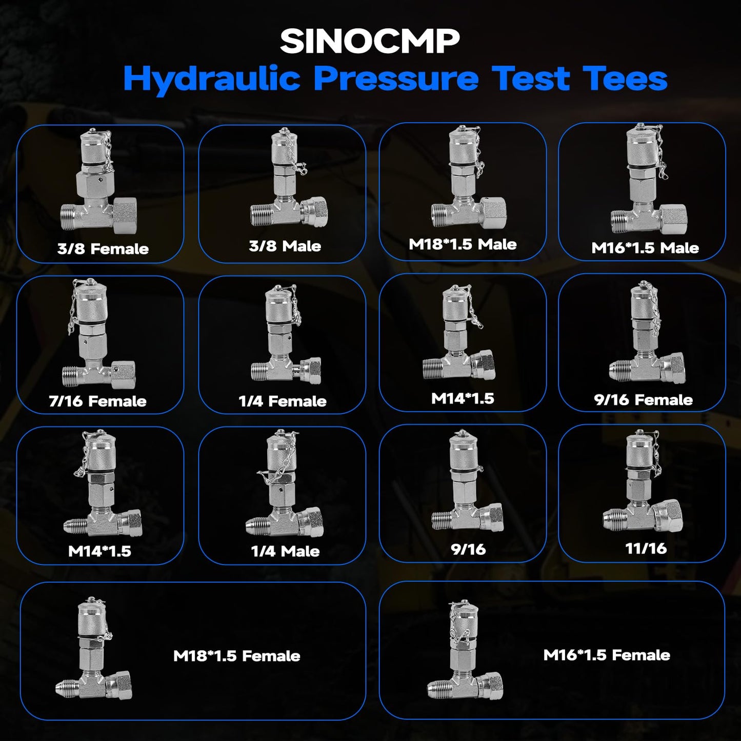 SINOCMP 14Pcs Tee Fittings Hydrulic Presure Test Connector Set Coupling, Hydraulic Test Fittings for Construction Machinery Excavator