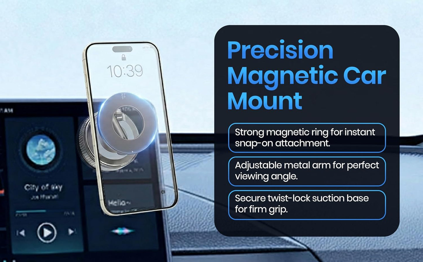 Casa Brisa 96 LBS 360 Magnetic Car Phone Mount with Strong Suction Cup - Adjustable Twist-Lock Vacuum Holder - Car
