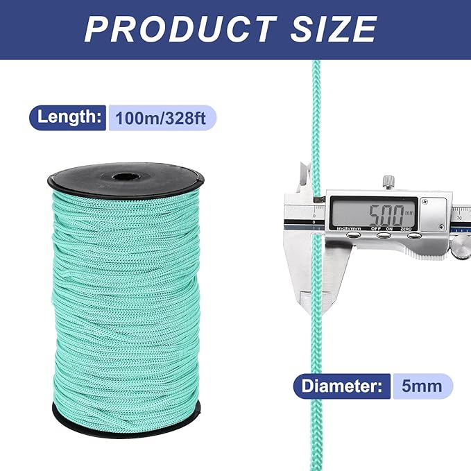 MECCANIXITY 3/16 Inch Polypropylene Rope Braided Ropes, 328ft Nylon Rope Hollow Utility Cord for Clothesline, Camping, Hiking, Outdoor, Light Blue