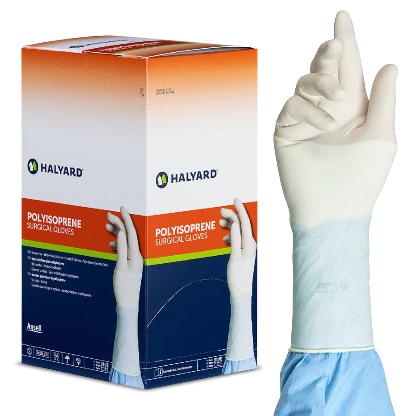 HALYARD Surgical Gloves Sterile Polyisoprene Individually Wrapped Pairs Powder Free Medical Disposable Gloves, 9.4 mil, Size 8.5 Large, White, SGL95085 (Box of 50 Pairs - 100 Total)
