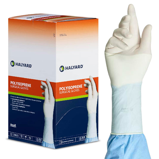 HALYARD Surgical Gloves Sterile Polyisoprene Individually Wrapped Pairs Powder Free Medical Disposable Gloves, 9.4 mil, Size 8.5 Large, White, SGL95085 (Box of 50 Pairs - 100 Total)