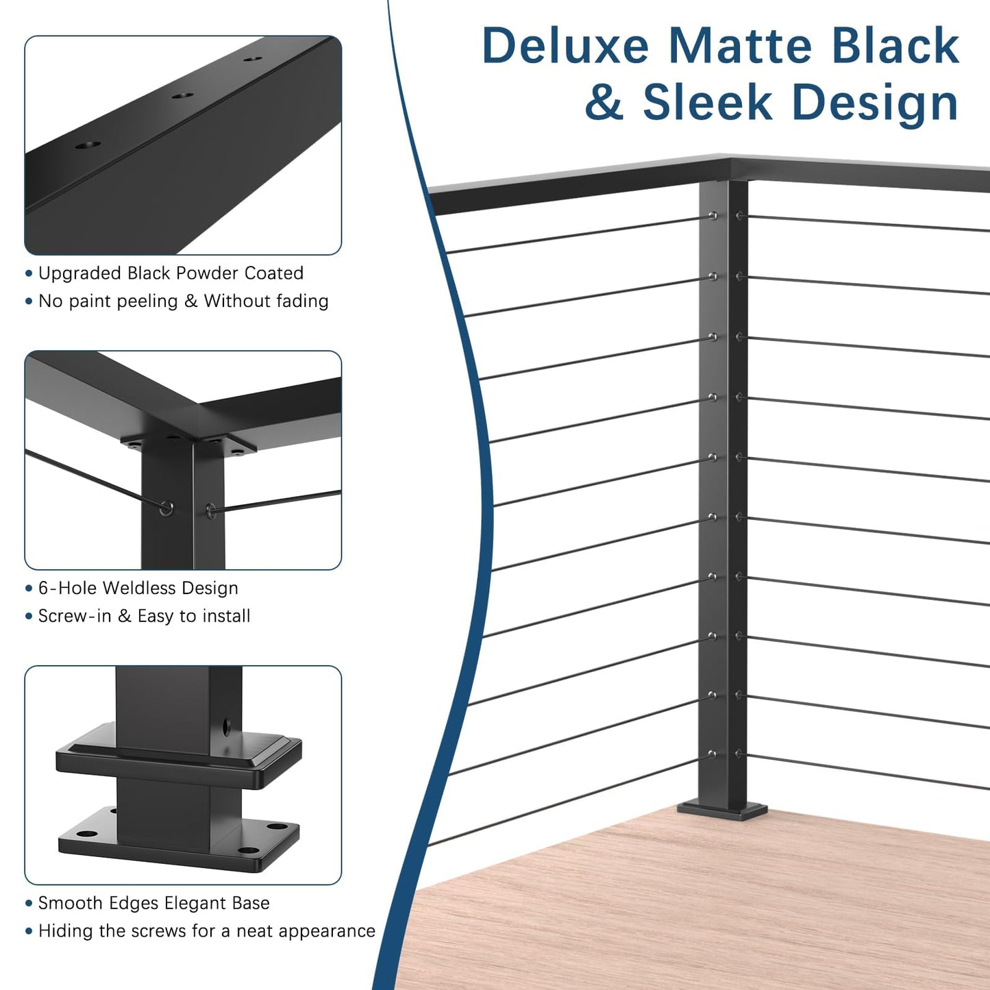 Gyykzz 36" Cable Railing Corner Post, L-Drilled Stainless Steel T304 Corner Rail Post, Upgraded Black Powder Coated One-Post Corner Solution, Wire Metal Post for Indoor Outdoor Deck Railing