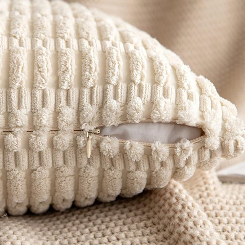 MIULEE Corduroy Decorative Throw Pillow Covers - Soft Boho Striped Design | 12x12 Inch Cream White for Modern Farmhouse Decor