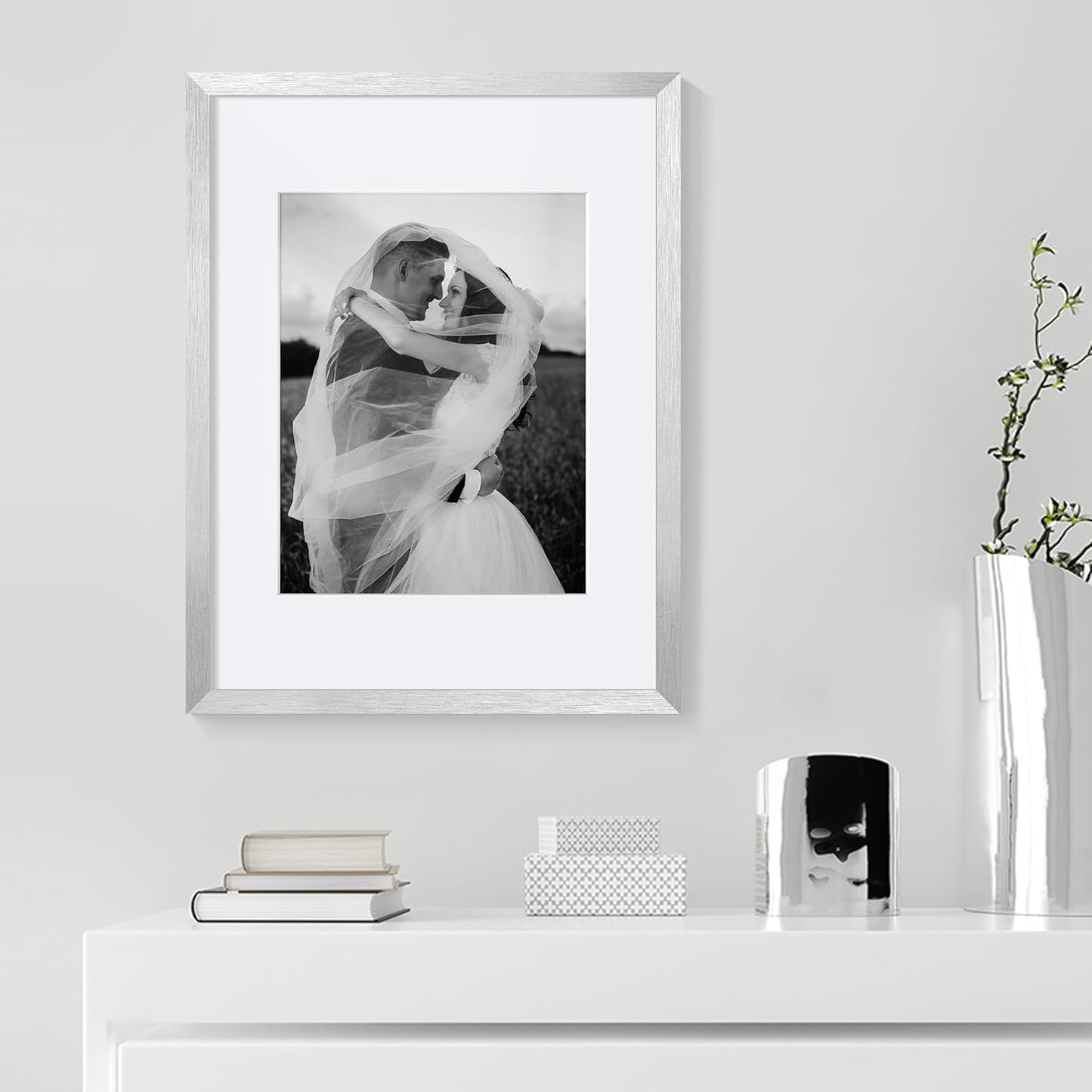 Upsimples 12x16 Picture Frame - Versatile Wall Hanging for 8.5x11 Photos or 12x16 Without Mat - Silver Finish