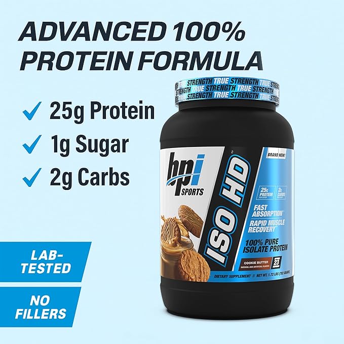 BPI Sports ISO HD Isolate Protein Powder ??100% Whey Isolate, Protein Powder for Muscle Gain - Cookie Butter - 1.6 Lb - 23 Servings