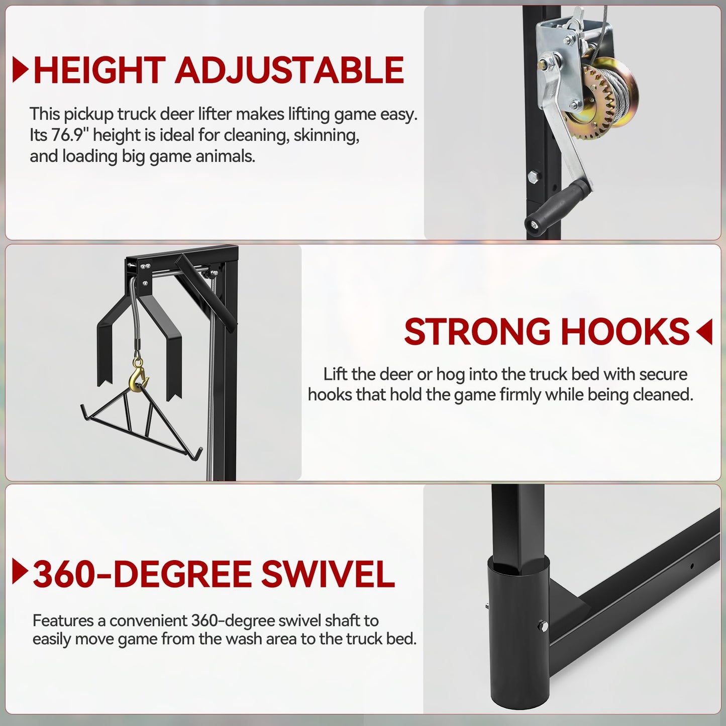 YITAMOTOR Truck Hitch Game Hoist with 2" Receiver, 500LB Game Hunting Deer Hoist, Includes Gambrel Winch for Skinning & Cleaning Game, Winch Lift Gambrel Set 360 Degree Swivel Hitch Mounted,Black