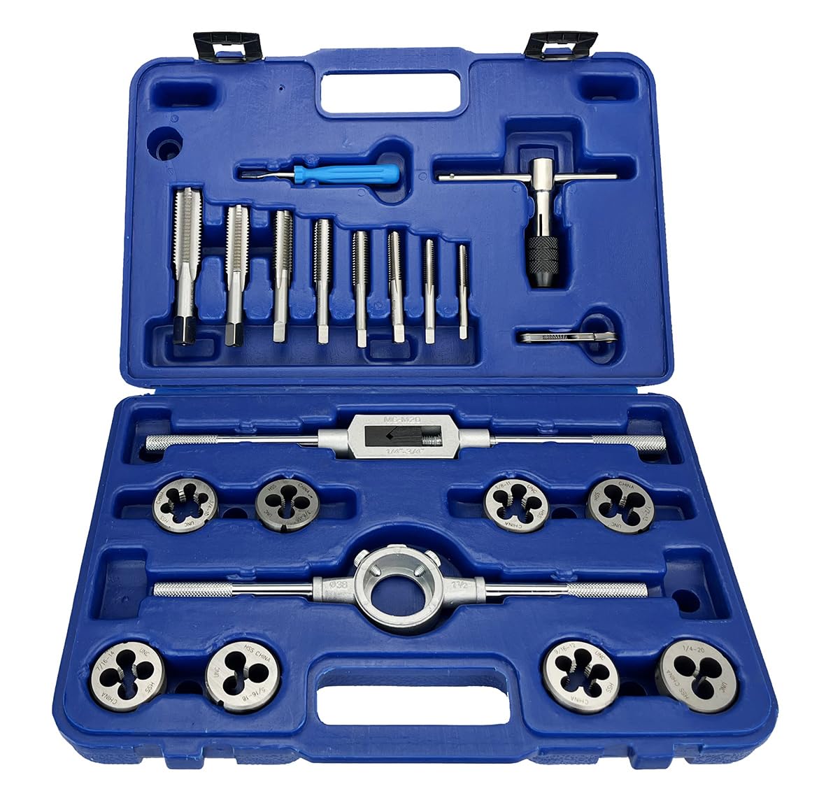Drill America 21 Piece NC HSS Round Tap and Die Set (1/4-1/2) with 1-1/2 OD Round Dies and Handles