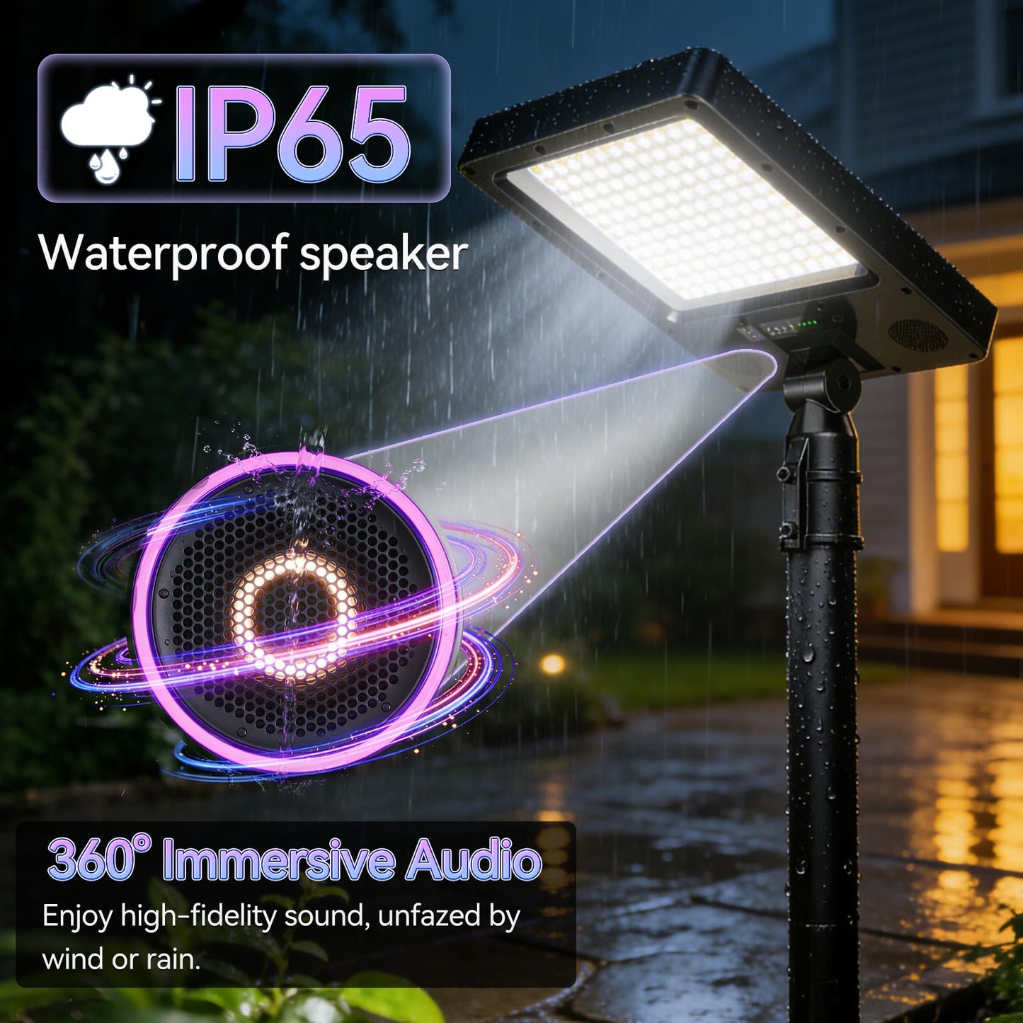 102" Solar Outdoor Street Lights with Speaker, Pole & Remote, Portable IP65 Waterproof LED Solar Flood Motion Post Light, Dusk to Dawn Solar Floor Lamp for House, Yard, Garden, Patio, Garage, Driveway
