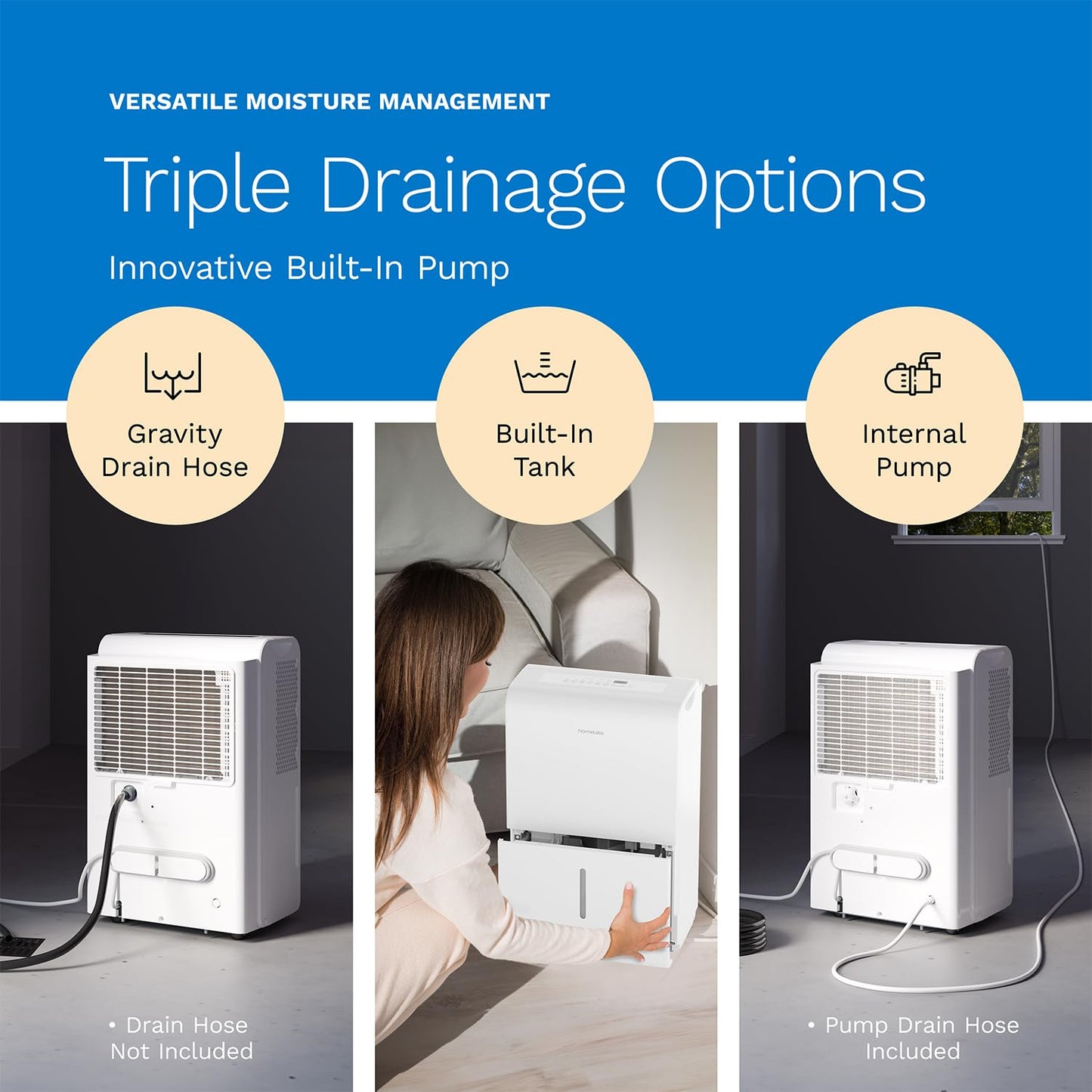 hOmeLabs Dehumidifier 7,500 Sq Ft Wi-Fi with Pump (50 Pint MAX 120 Pint at 95°F, 90% RH) for Home, Office, Basements with Powerful Moisture Removal, Humidity Control, Auto Shut-off, Quiet Operation