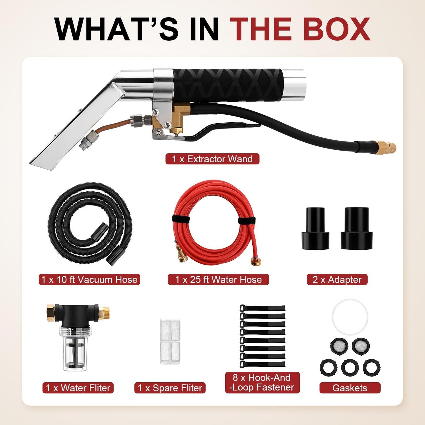 Extractor Attachment Kit Compatible With Shop Vac Extractor Hose Kit Stainless Steel Extractor Wand with Viewing Window, 25ft Water Hose 10ft Vacuum Hose, for Carpet Industrial Cleaning Auto Detailing