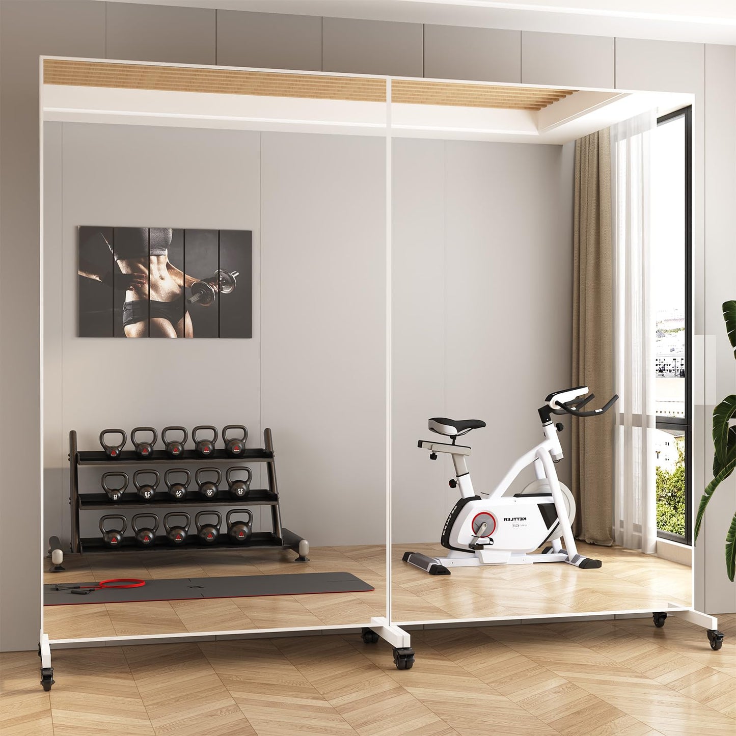Novlux Home Gym Rolling Mirror 72"x40" – Extra Large Full Length Mirror with Wheels, Mobile Tempered Glass Floor Mirror, 360° Swivel, for Workout, Garage, Dance Studio, Yoga, Bedroom, White