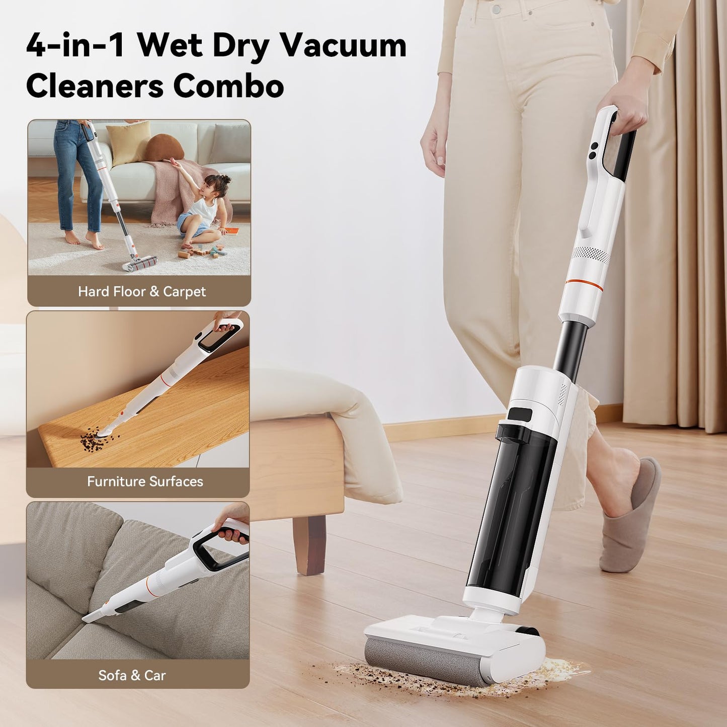JONR ED20 Pro 4-in-1 Wet Dry Vacuum Cleaner Cordless,17000 Pa Vacuum Suction Power, Self-Cleaning and Automatic Drying with One Click, Intelligent Voice Reminder