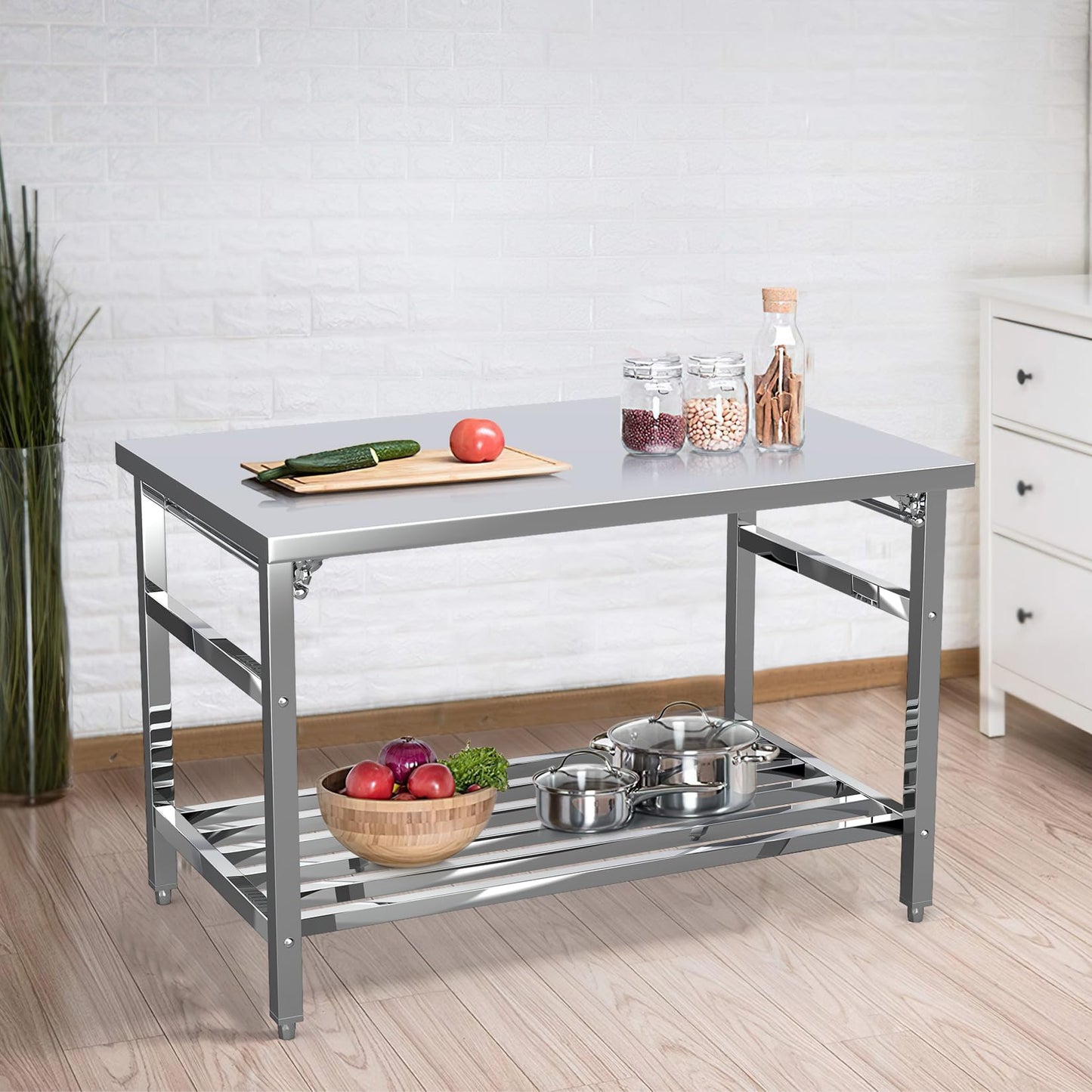 GlowSol Stainless Steel Prep Table 48 x 24 Inch, NSF Commercial Heavy Duty Stainless Steel Work Folding Table with Undershelf, Kitchen Island, Laundry Folding Table, Outdoor Cooking Table, Silver