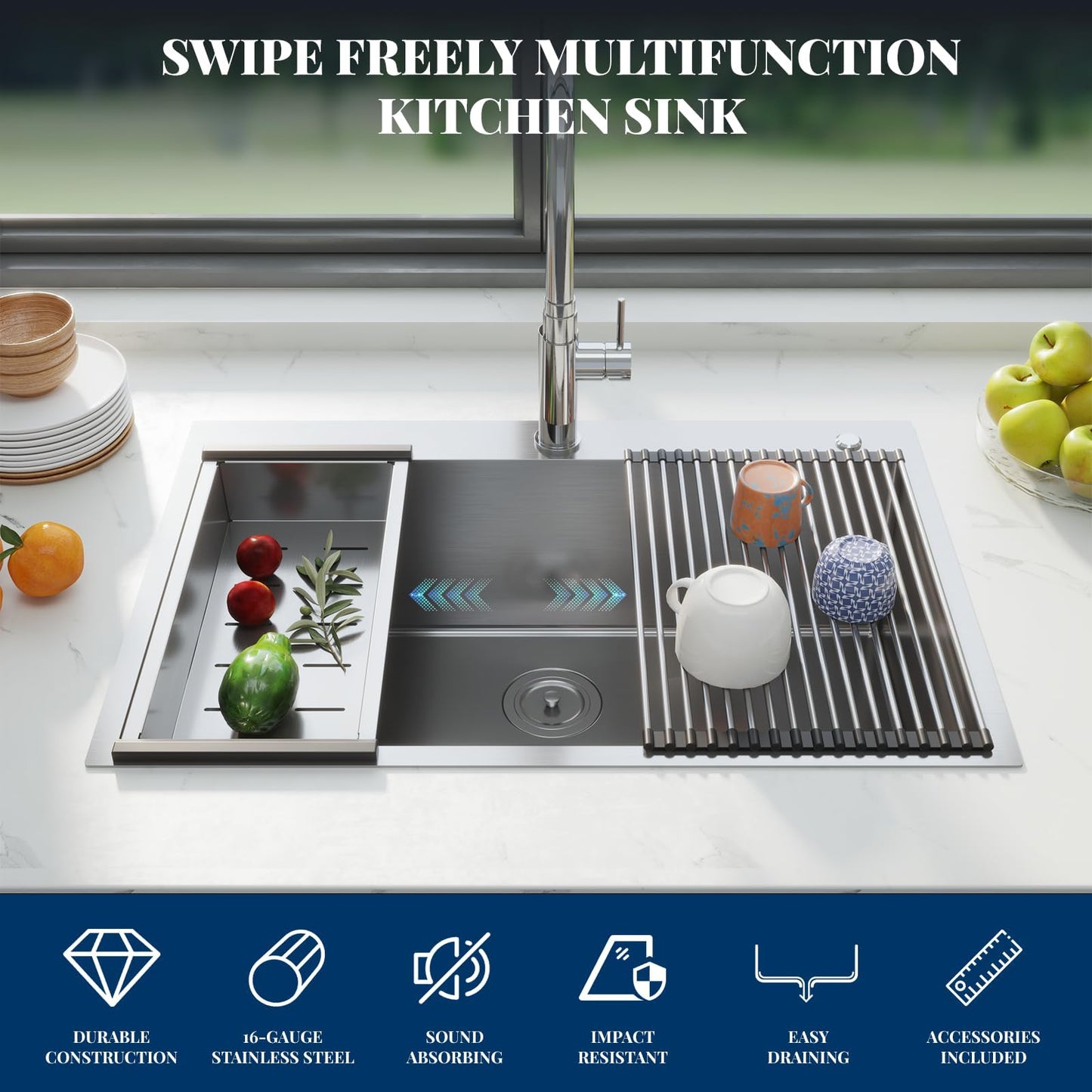 GarveeHome Kitchen Sink - 33 in Single Bowl Stainless Steel Undermount Sink, 16 Gauge Commercial Grade with Easy Drain System & Brushed Nickel Finish