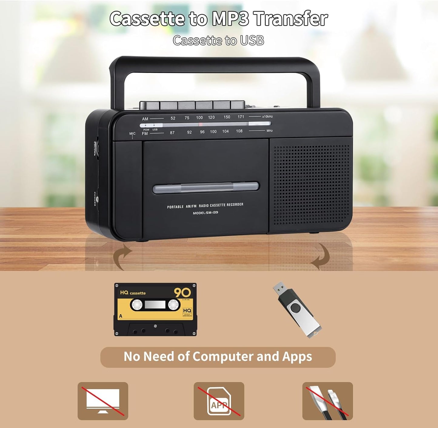 SEMIER MP3 Cassette Cassette MP3 Boombox Conversion Tape Player Recorder AM FM Radio, to Digital Converter, USB