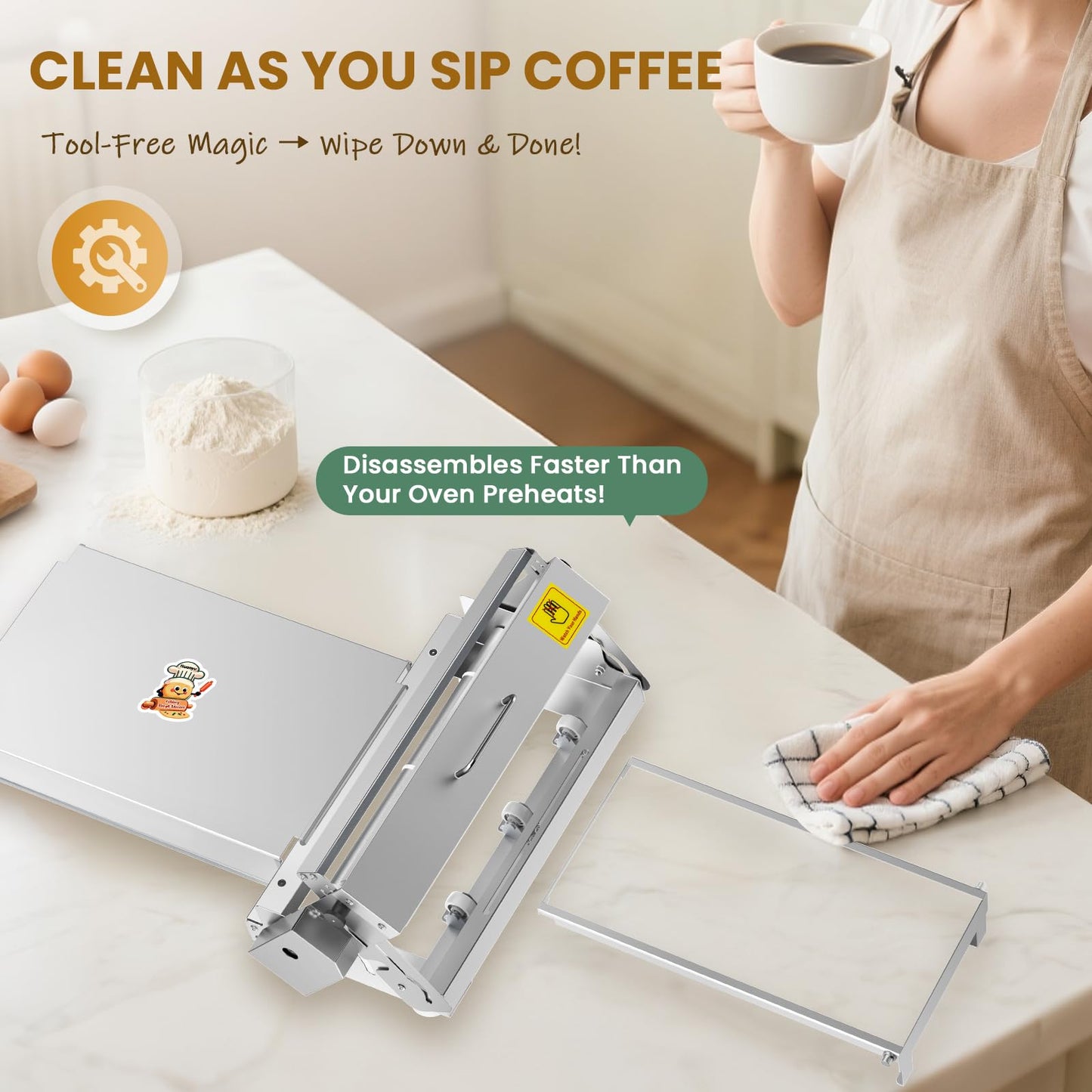 Huanyu Manual Dough Sheeter 15.7”, 10 Adjustable Thickness 0.1mm-17.5mm, Tool-Free Assembly, for Home Bakers & Small Bakeries, Croissant, Pizza, Pasta, Fondant