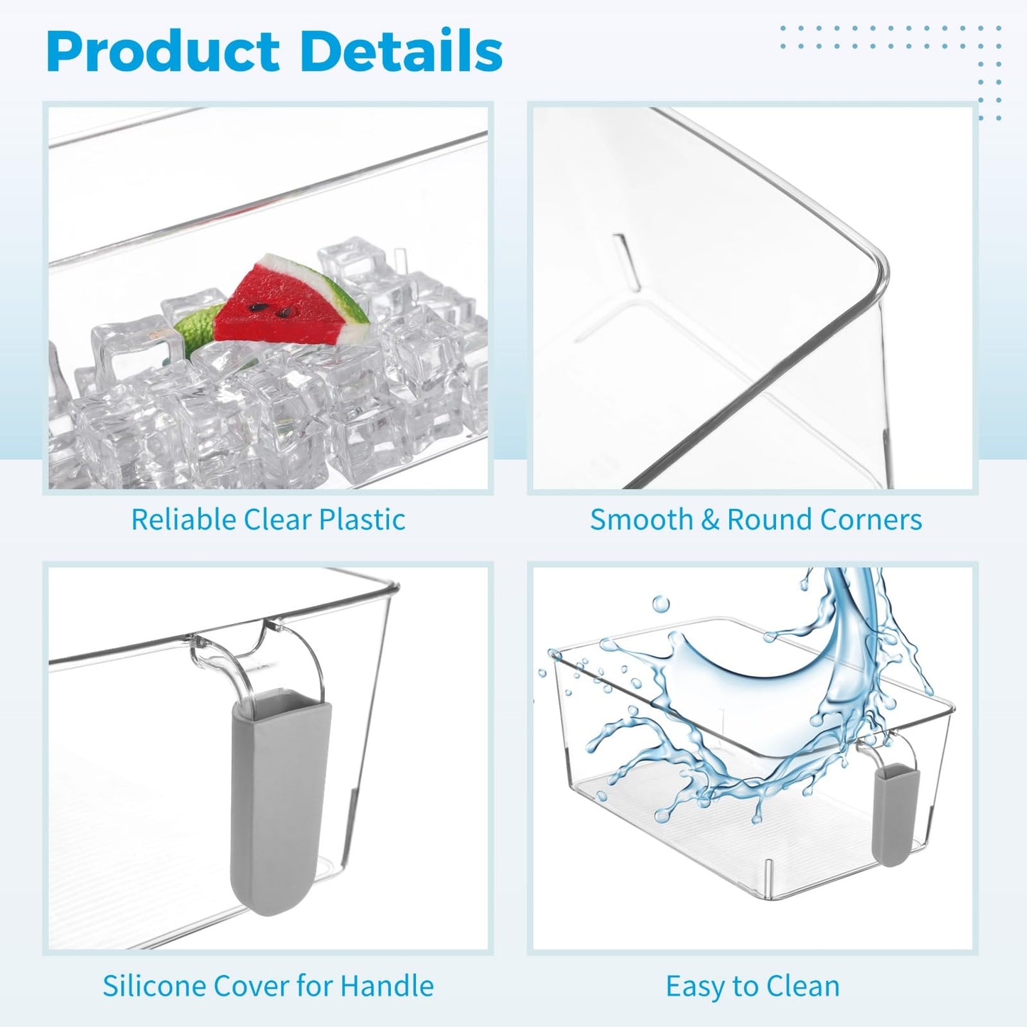 Freezer Ice Bin Set, 2 Pcs Ice Bin with Scoop and Tong, Ice Tray, Clear Ice Bucket with Pull-out Handle for Freezer, Clear Plastic Ice Container for DIY Drink Summer Party, 12.2 x 6.9 x 4.3 in