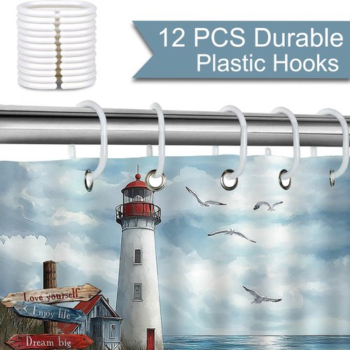 Mocsicka Nautical Coastal Shower Curtain Ocean Beach Lighthouse Bathroom Shower Curtain Seaside Nautical Coastal Waterproof Fabric Shower Curtains Bathtub Decor with 12 Hooks 72 X 72 Inch (Blue)