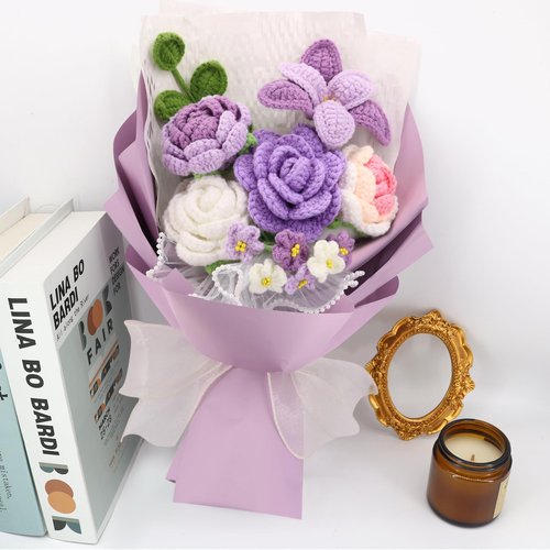 FUCAN Crochet Flowers,Finished Bouquet Crocheted Cotton Thread Flowers, Handmade Crochet Rose Tulip Fern Leaf as a Gift for Lover, Friends. Artificial Flower (Purple)