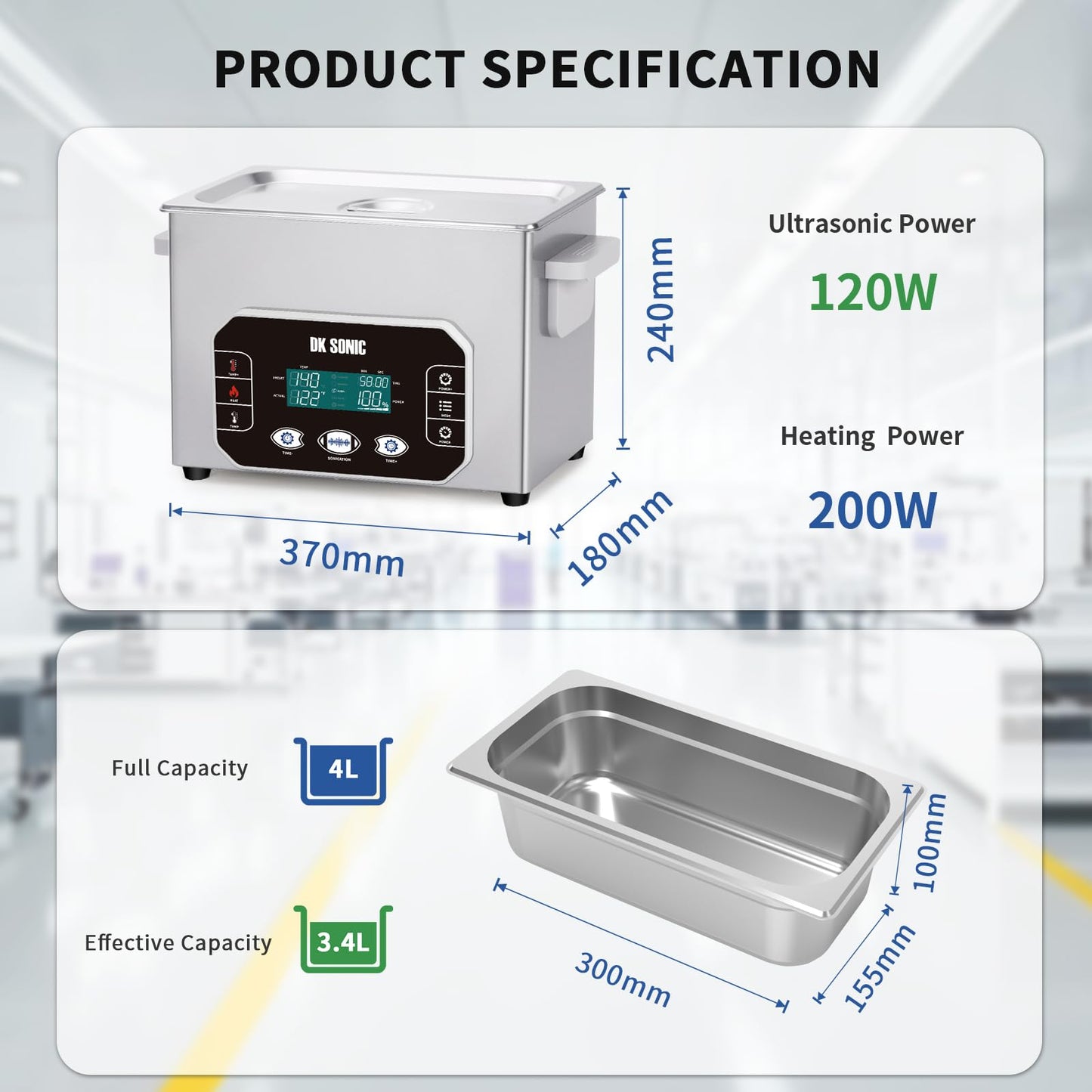 DK SONIC Professional Ultrasonic Cleaner 4L,120W Precision Ultrasonic Jewelry Cleaner with Smart Touch Control, Five Modes for Glasses,Chains,Watches,Coins (Include Basket)