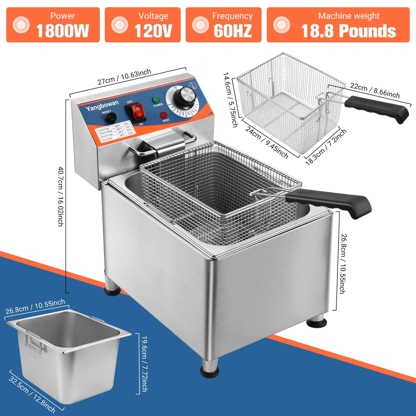 12L Commercial Deep Fryer,1800W Deep Fryer with Basket,Adjustable Temperature,Lid,Stainless Steel Body DeepFryer Pot,Electric Coumtertop Fryer for Commercial Restaurant Home Use