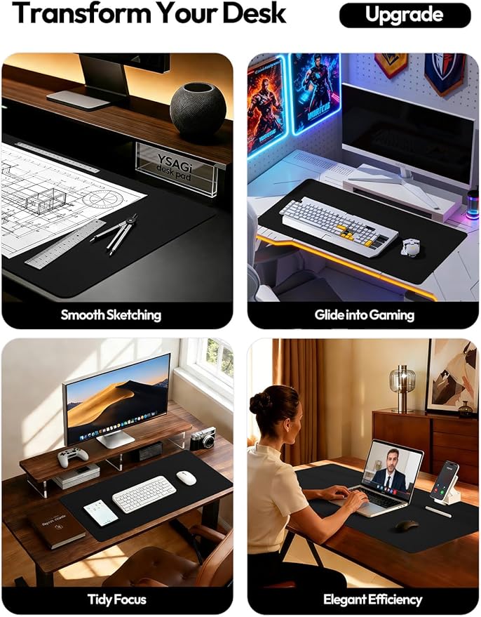 YSAGi Leather Desk Protector, Office Mat, Large Mouse Mat, Non-Slip PU Leather Blotter, Laptop Pad, Waterproof Writing Pad for Office and Home (Black, 47" x 17")