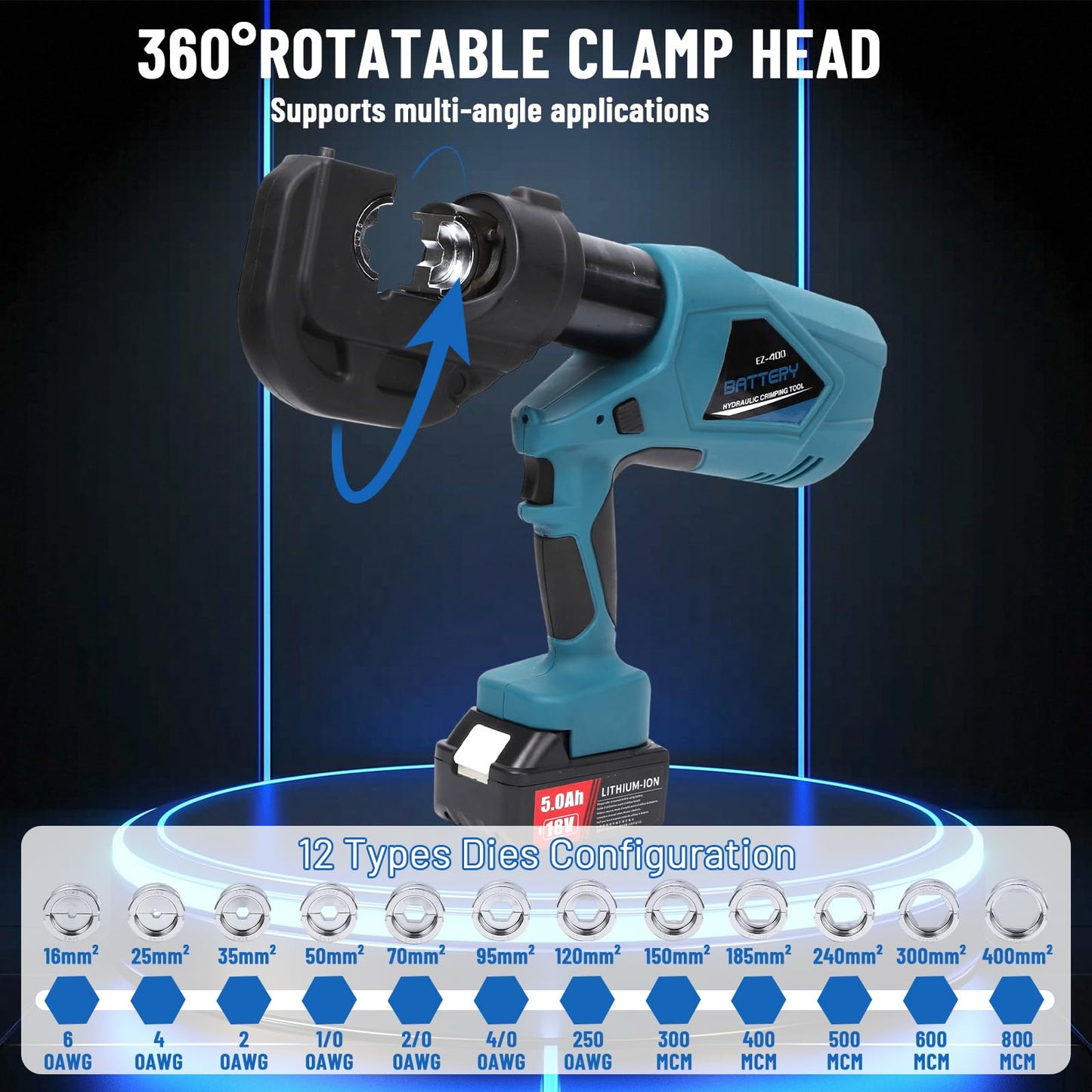 Hydraulic Crimping Tool 12-Ton Cordless Electric Hydraulic Crimper Kit with 12 Dies for 6AWG to 800MCM Copper and Aluminum Wire Terminals