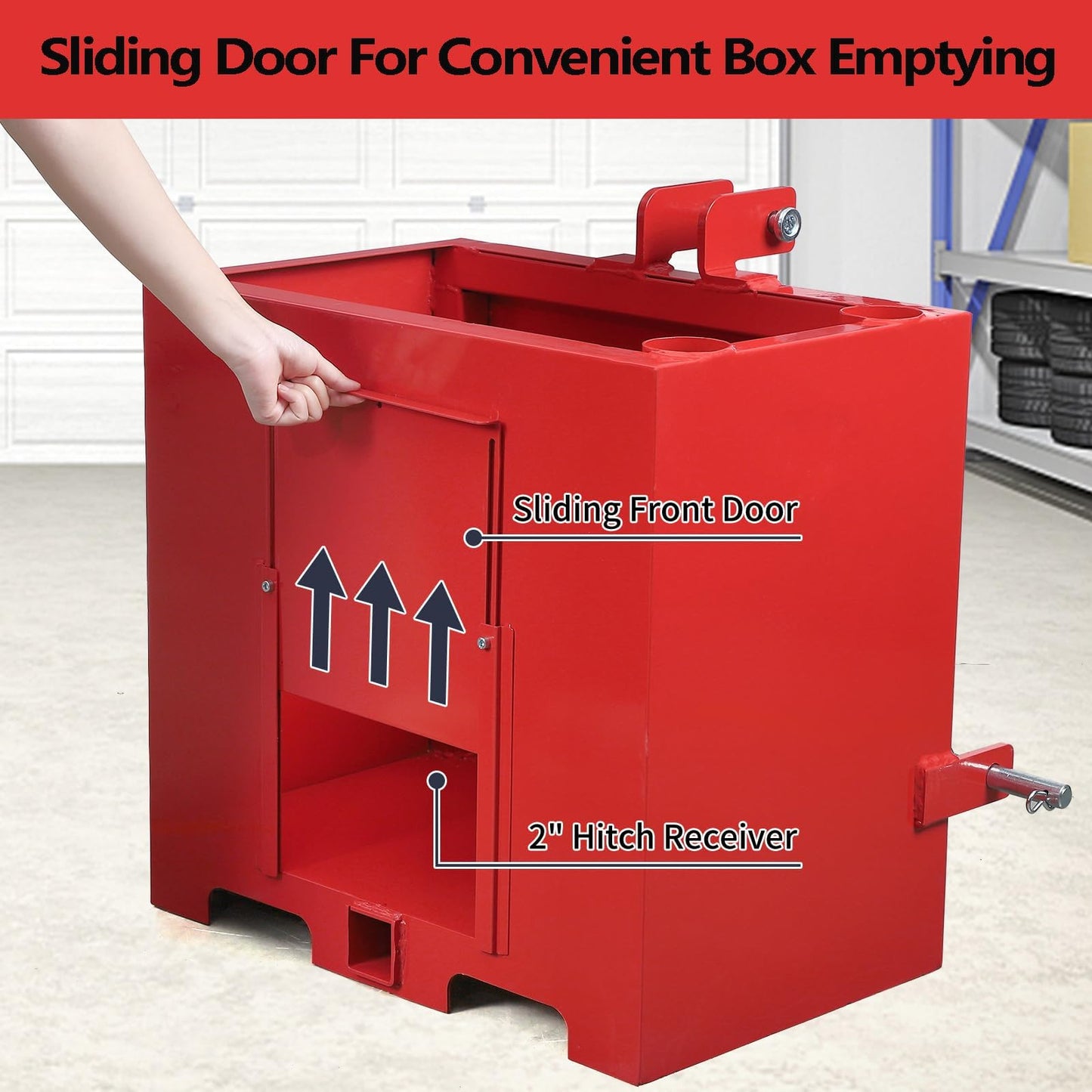 3 Point Ballast Box, 800 lb Capacity Tractor Weight Box with 2" Quick Hitch Receiver, 5 Cu.Ft Steel Loader Attachment with Sliding Door, 3mm Heavy Duty Construction