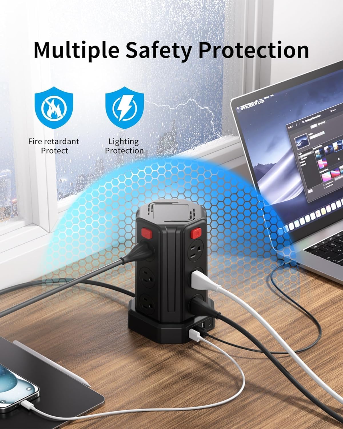 SMALLRT 6.5 12 4 (1 6.5 Power Strip Surge Protector, Ft Extension Cord with AC Multiple Outlets USB USB C), Power Tower