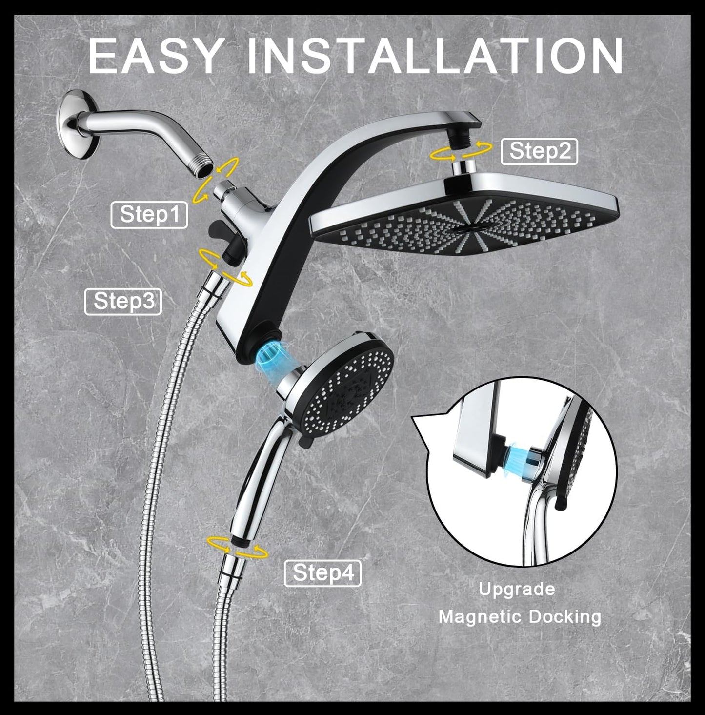 Skiennix High Pressure Rain Shower Head - Handheld Spray Combo with 10 Settings & Magnetic Docking