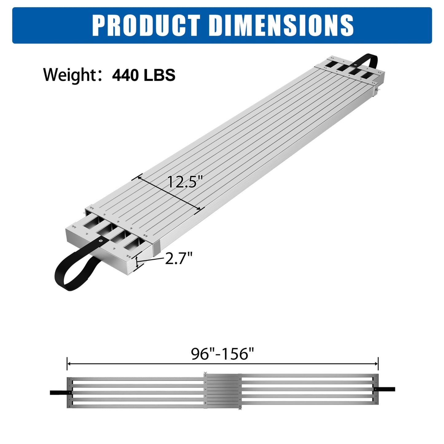 8-13Ft Telescoping Work Plank, Aluminum Adjustable Scaffold Platform with Skid-Proof Surface, Ladder Accessory, 440 Lbs Capacity, Extension Plank for Safe Work