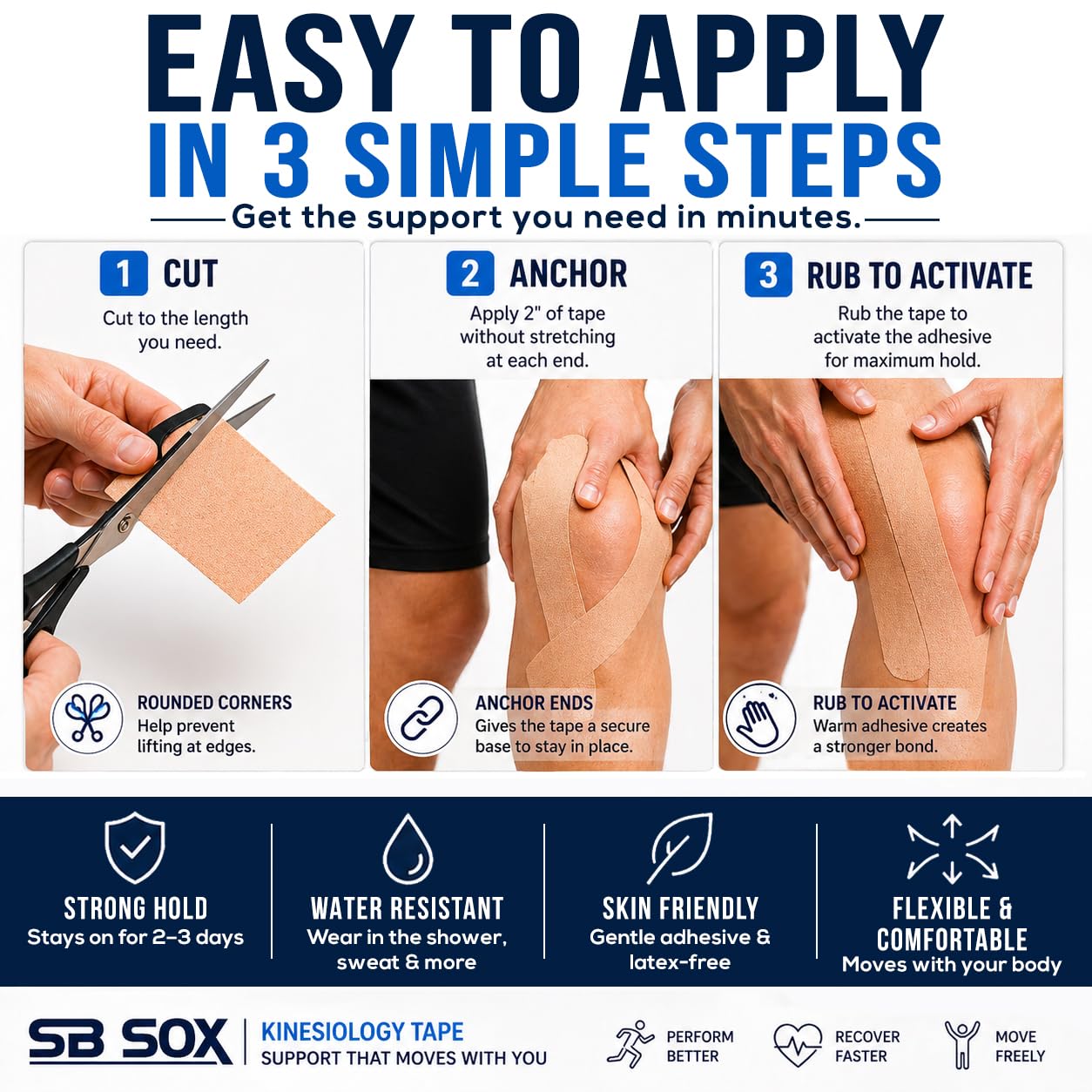 SB SOX Original Cotton Kinesiology Tape Roll – Best Latex Free Athletic Tape for Muscles/Joints – Waterproof, Stretchy, and Gentle on Skin (16ft) (Black - Precut)