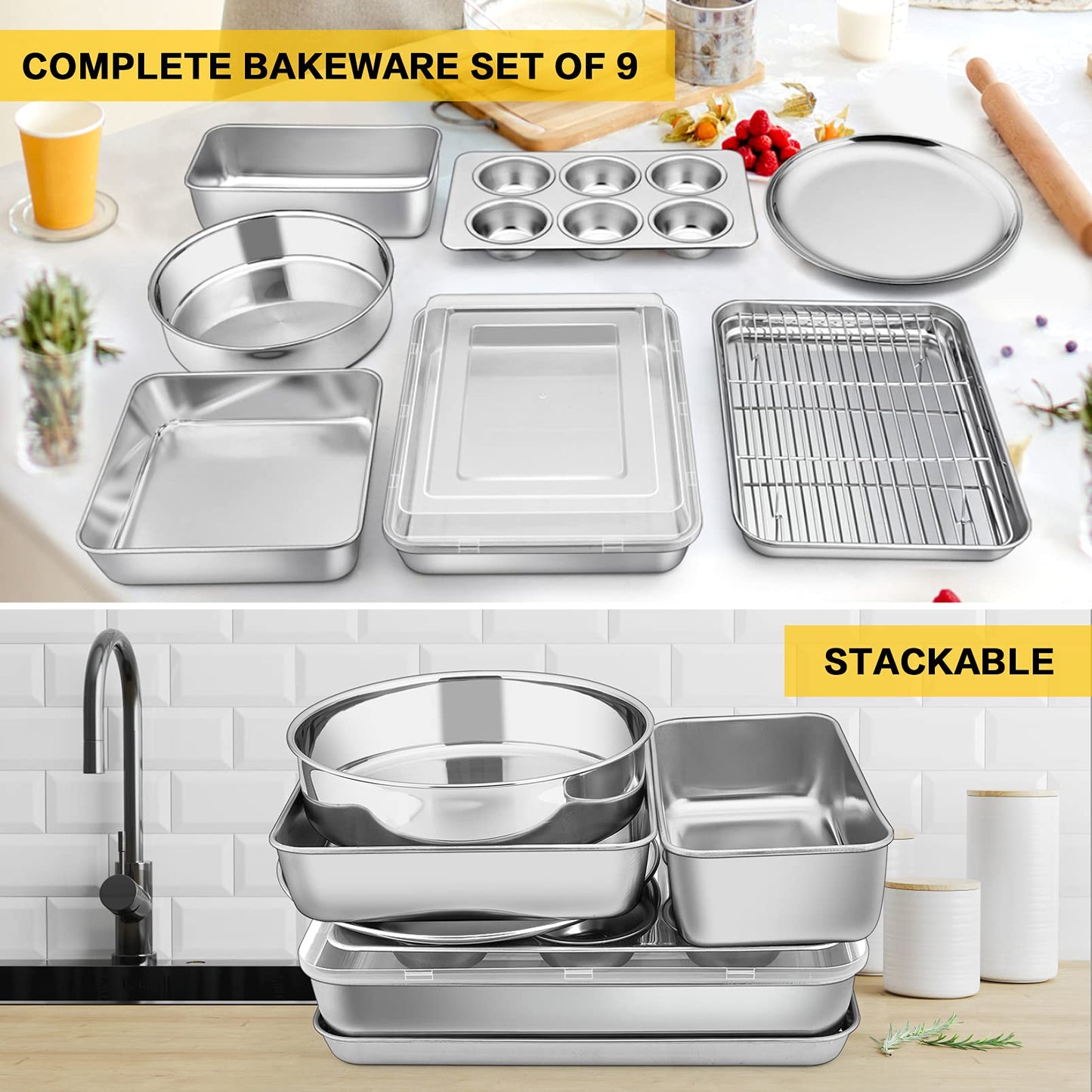 Bakeware Sets, P&P CHEF 9-Piece Stainless Steel Baking Pans Set, Round/Square Cake Pan, Toaster Oven Pan, Lasagna Pan, Loaf Pan, Pizza Pan, Muffin Pan, Dishwasher Safe & Durable, Healthy & Non-toxic