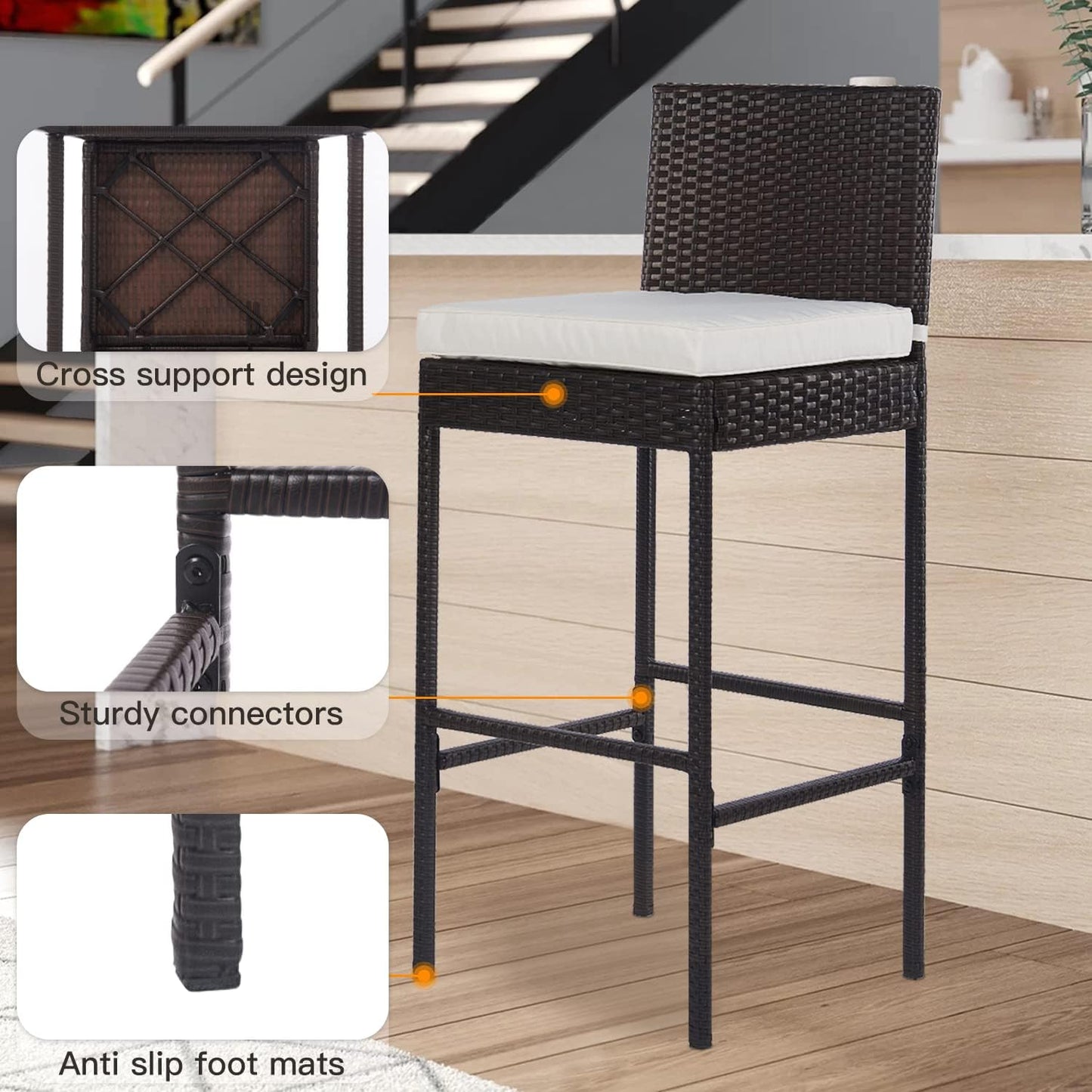 PayLessHere Rattan Bar Stools - Set of 2 Wicker Counter Height Chairs with Backrest & Cushion, Brown