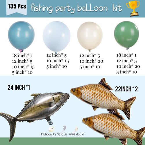 Gone Fishing Balloon Garland Arch Kit - Blue Green White FishermanTheme Birthday Balloons with Giant Fish Foil Balloons - O-Fish-ally One, Under the Sea Baby Shower, Retirement Party Decorations
