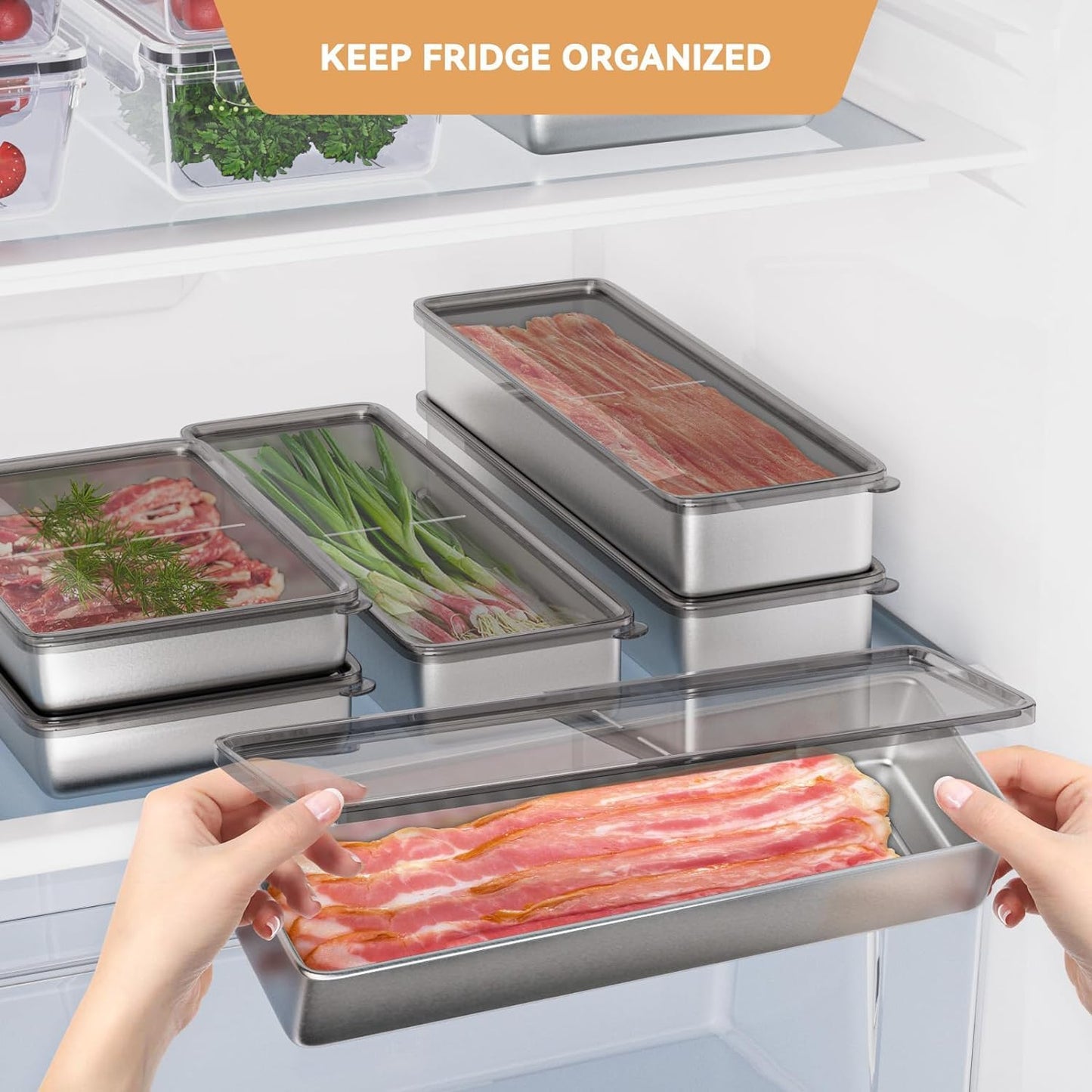 Freshmage Cheese Container for Refrigerator 2 PCS, Stainless Steel Airtight Deli Meat Storage Containers for Fridge Dishwasher Safe Kitchen Fridge Organizers and Storage with Elevated Base……