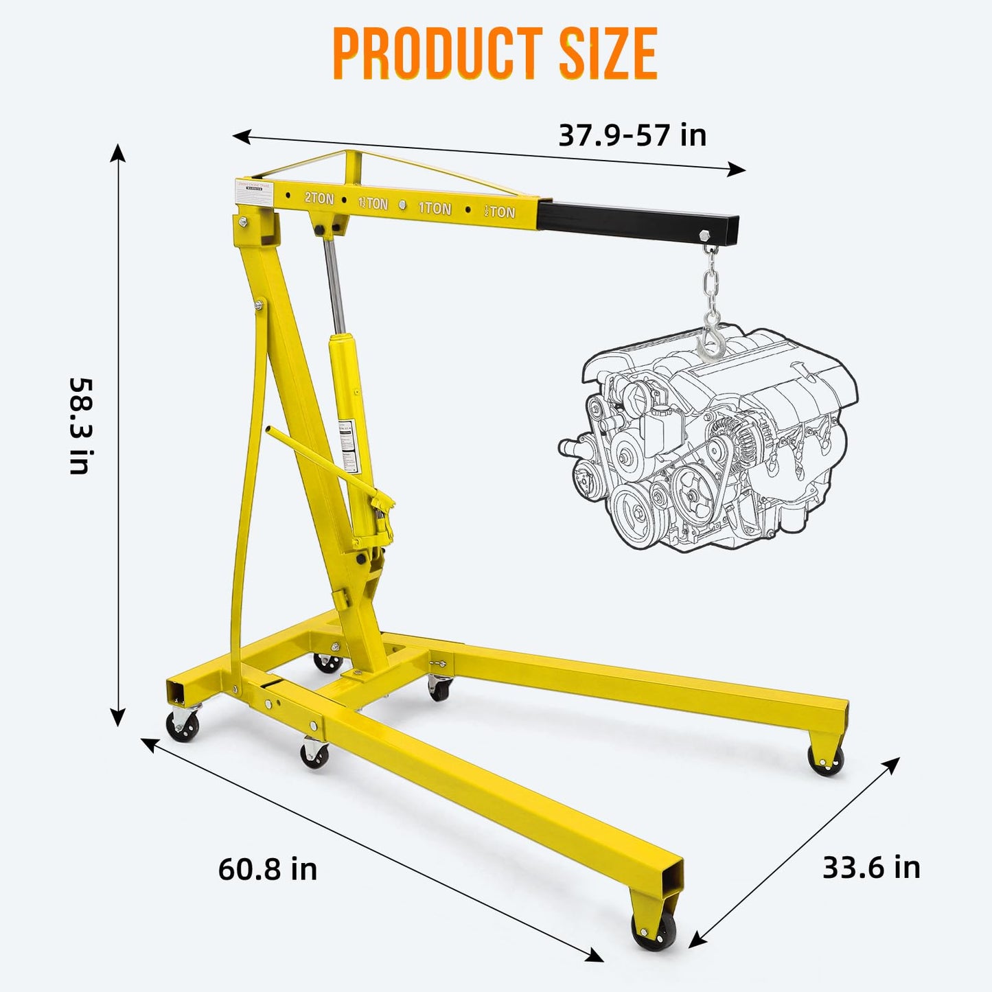 GarveeTech 2 T Engine Hoist, 4000 LBS Heavy Duty Folding Cherry Picker Engine Lift Hydraulic Tilting Engine Shop Crane with 6 Iron Caster Wheels Telescopic Boom Hitch,Yellow