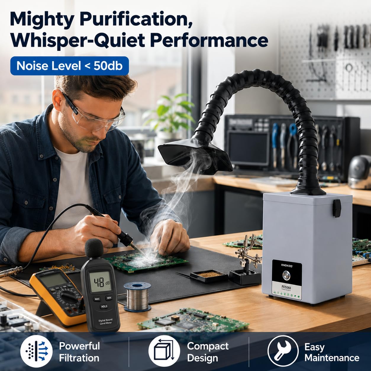 KNOKOO FES060 Desktop Solder Fume Extractor, Low Noise 160m/h (94 CFM) Strong Suction, HEPA Filter Smoke Purifier for Bench Soldering and 5W Laser Engraving Smoke Removal